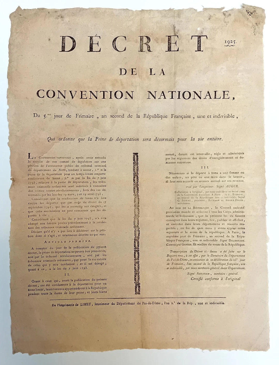 PENALTY OF DEPORTATION. Décret de la Convention Nationale du - Lot 232
