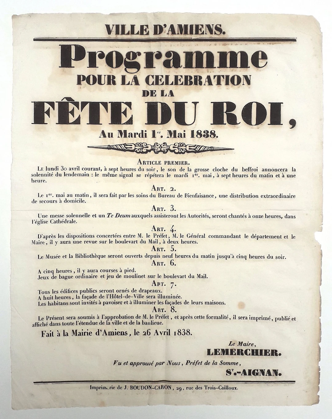 SOMME. 1838. "City of AMIENS. "Program for the celebration o - Lot 514