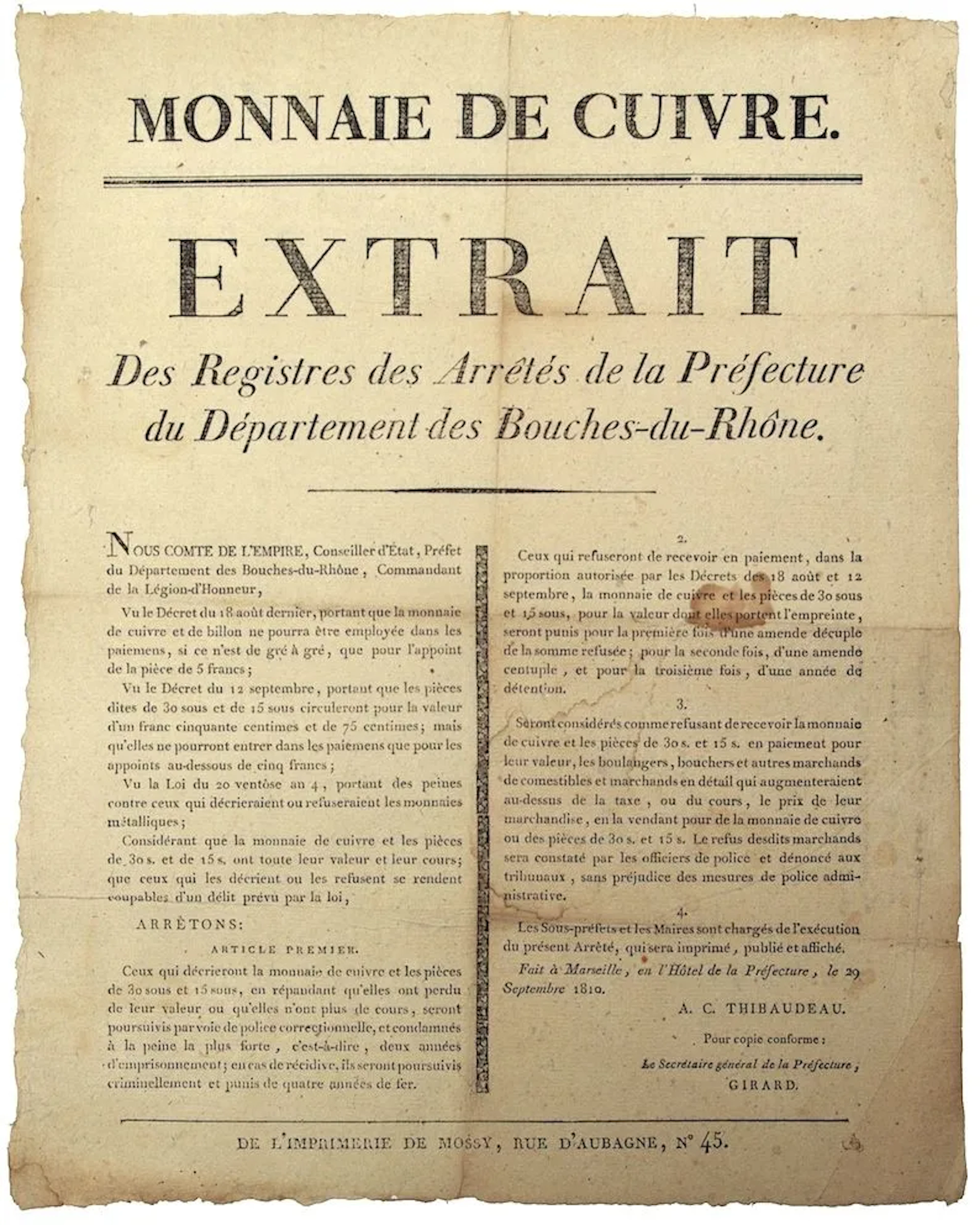 BOUCHES DU RHÔNE. "COPPER COINAGE". "Extract from the regist - Lot 379