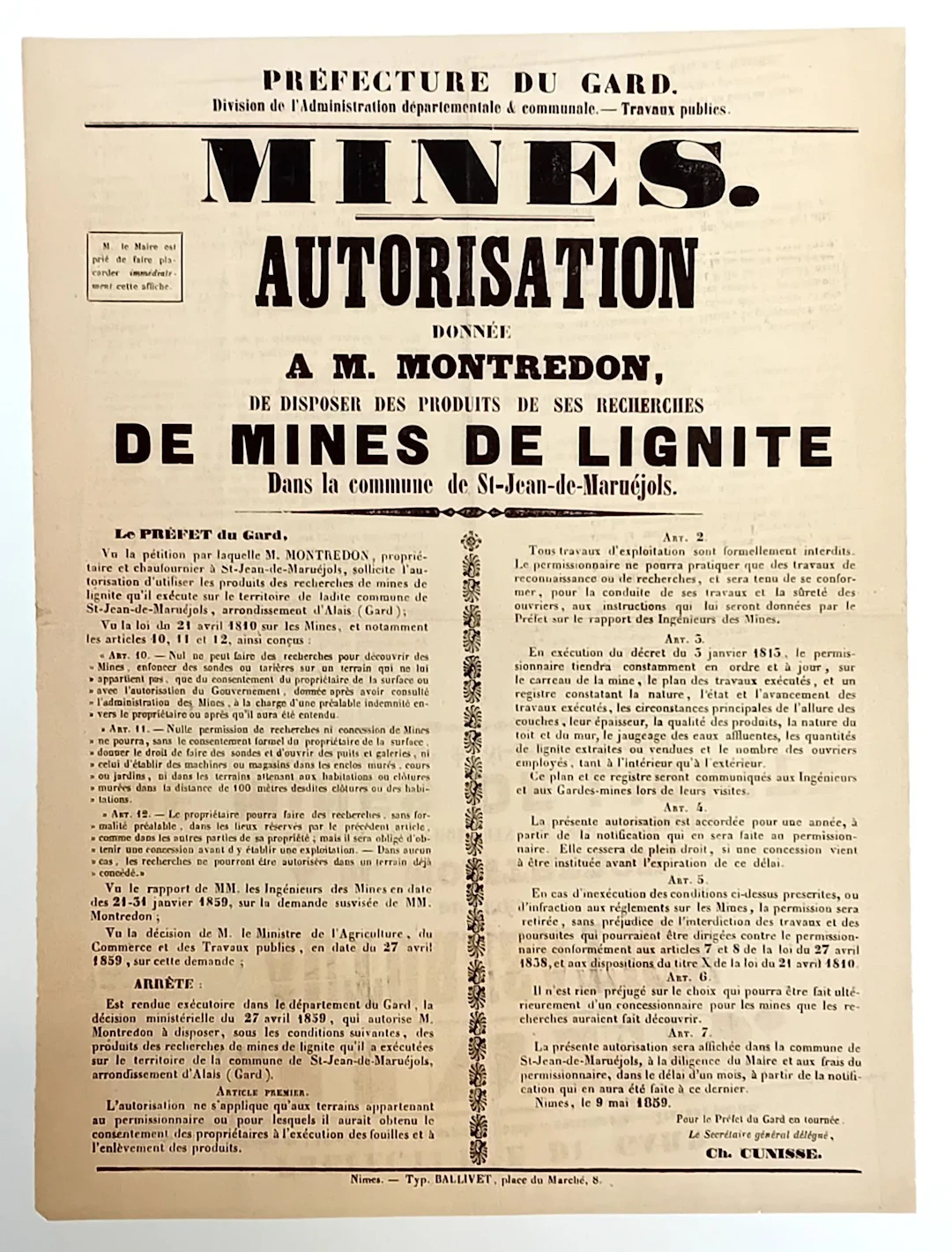 GARD. MINES. "Authorization given to Mr. MONTREDON, to dispo - Lot 567