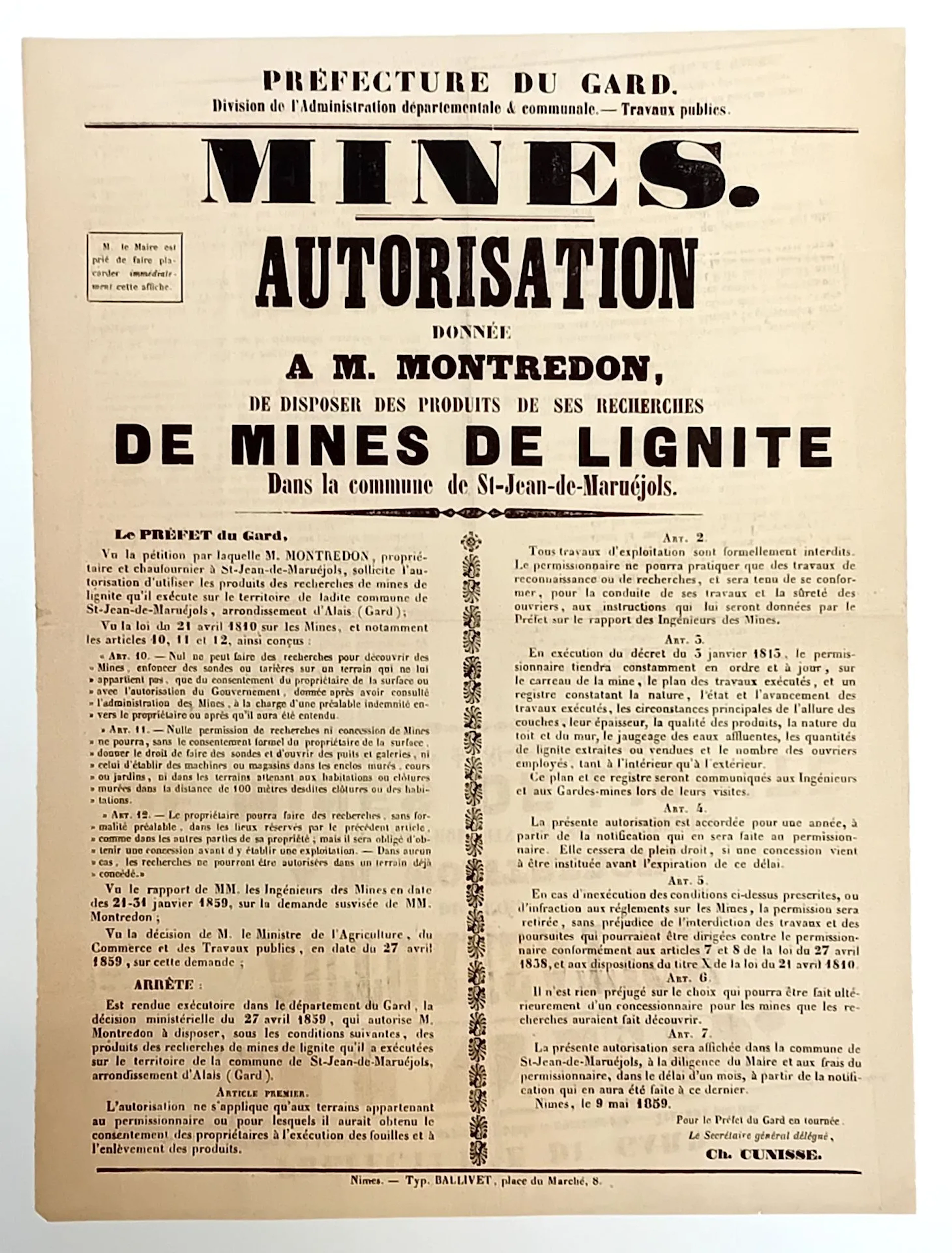GARD. MINES. "Authorization given to Mr. MONTREDON, to dispo - Lot 567