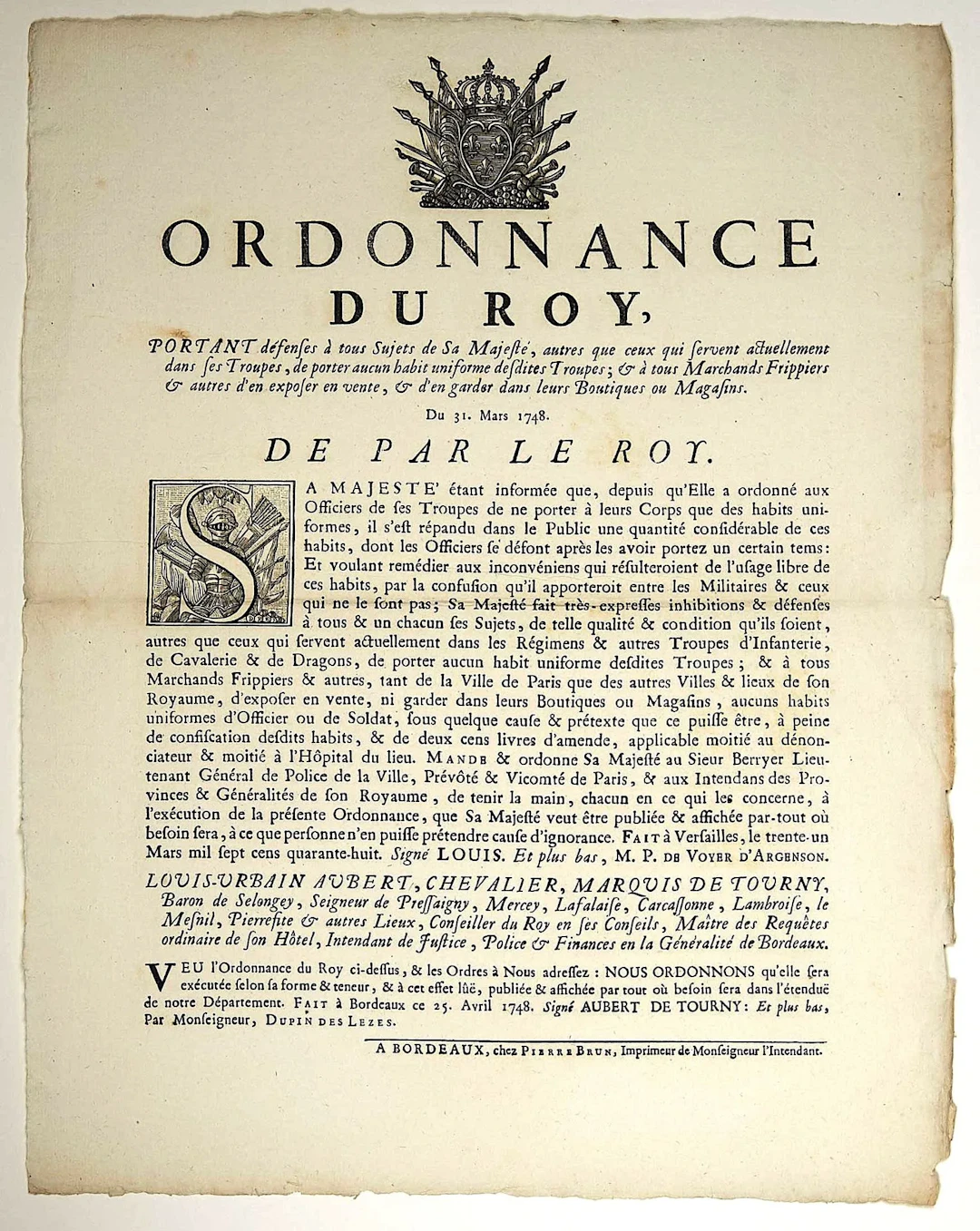 BORDEAUX. ARMY UNIFORMS. Poster (40 x 32). “Royal Ordinance - Lot 73