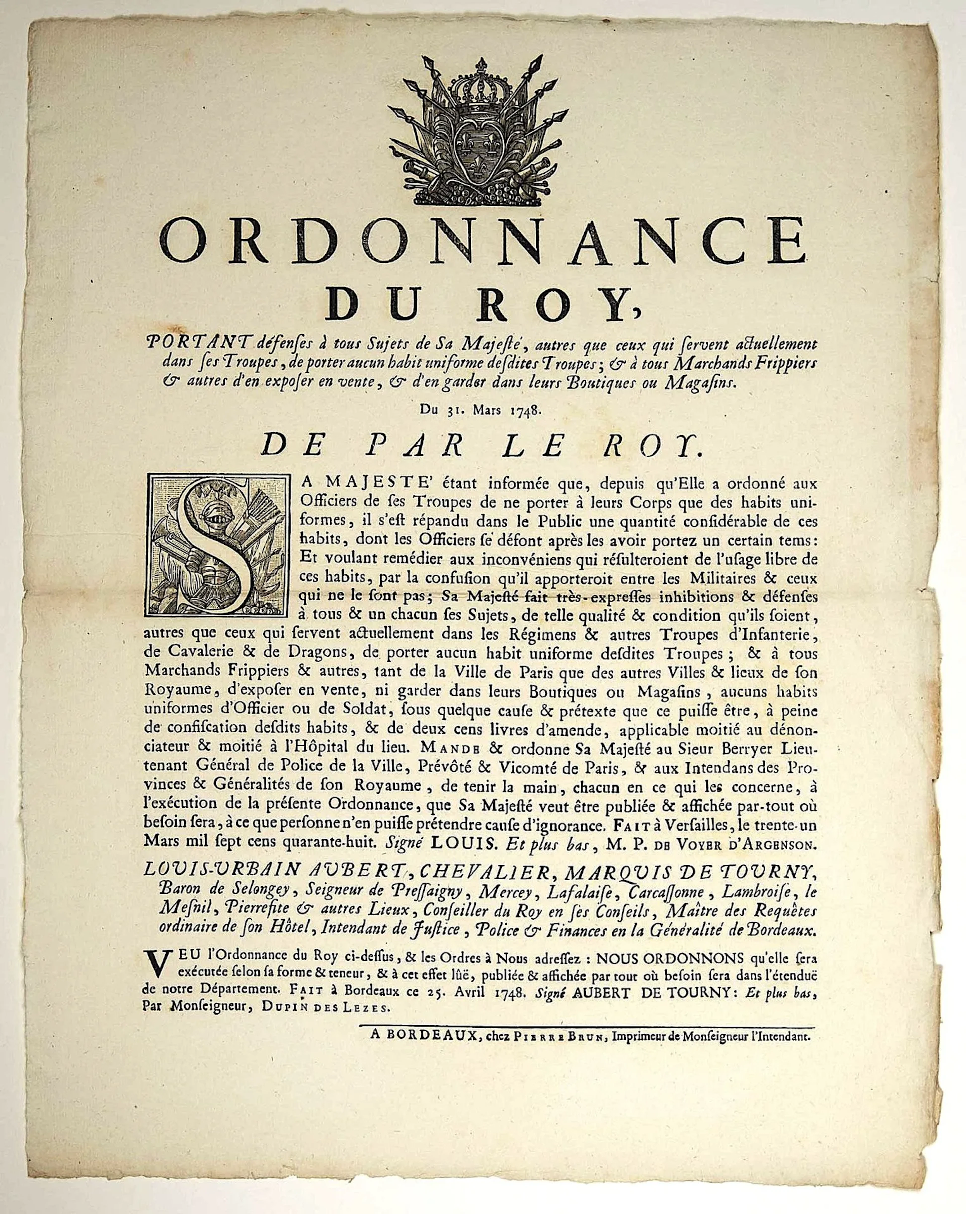 BORDEAUX. ARMY UNIFORMS. Poster (40 x 32). “Royal Ordinance - Lot 73