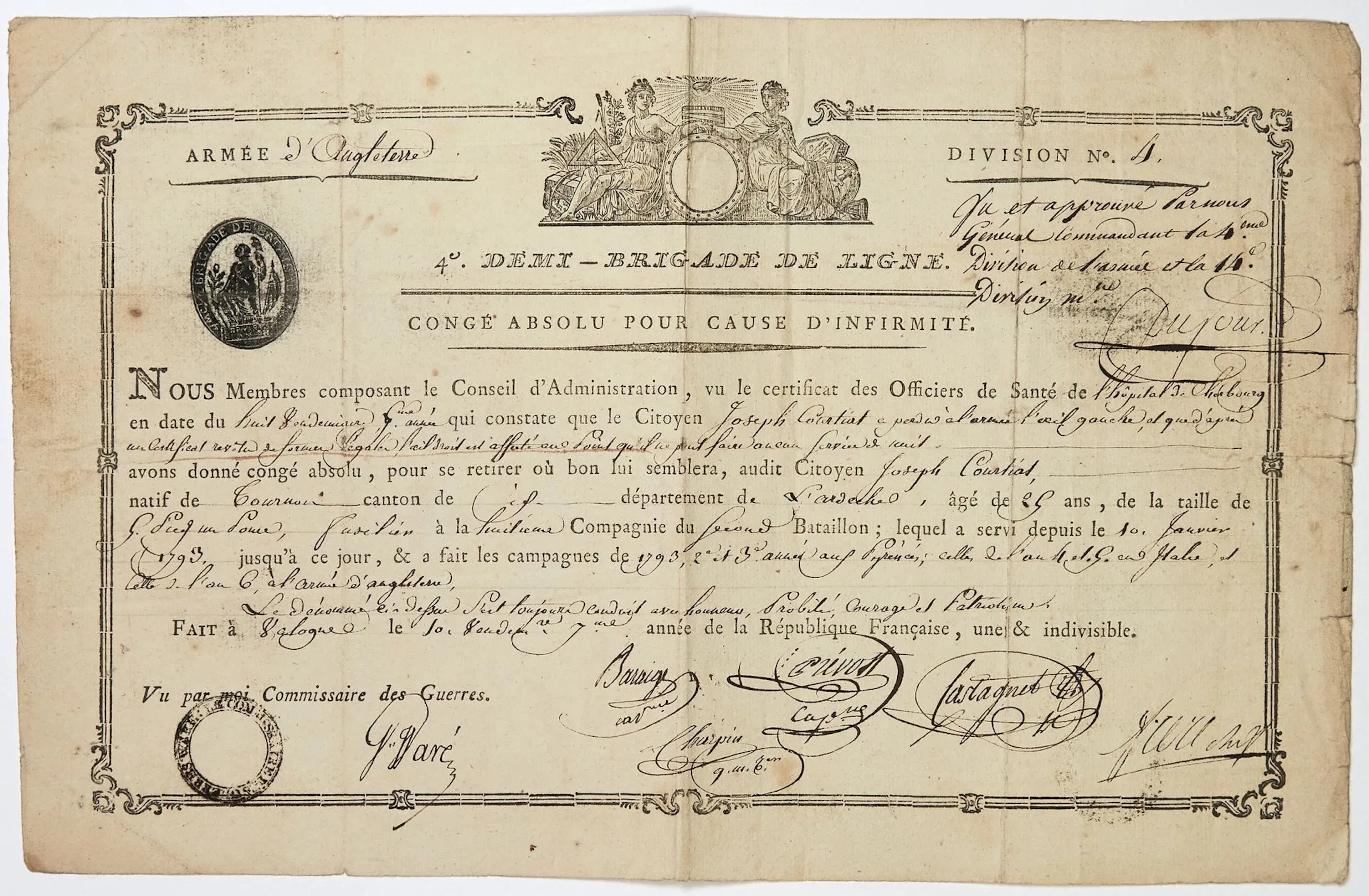 MANCHE. 1798. ARMY OF ENGLAND. Document signed by General Ge - Lot 272