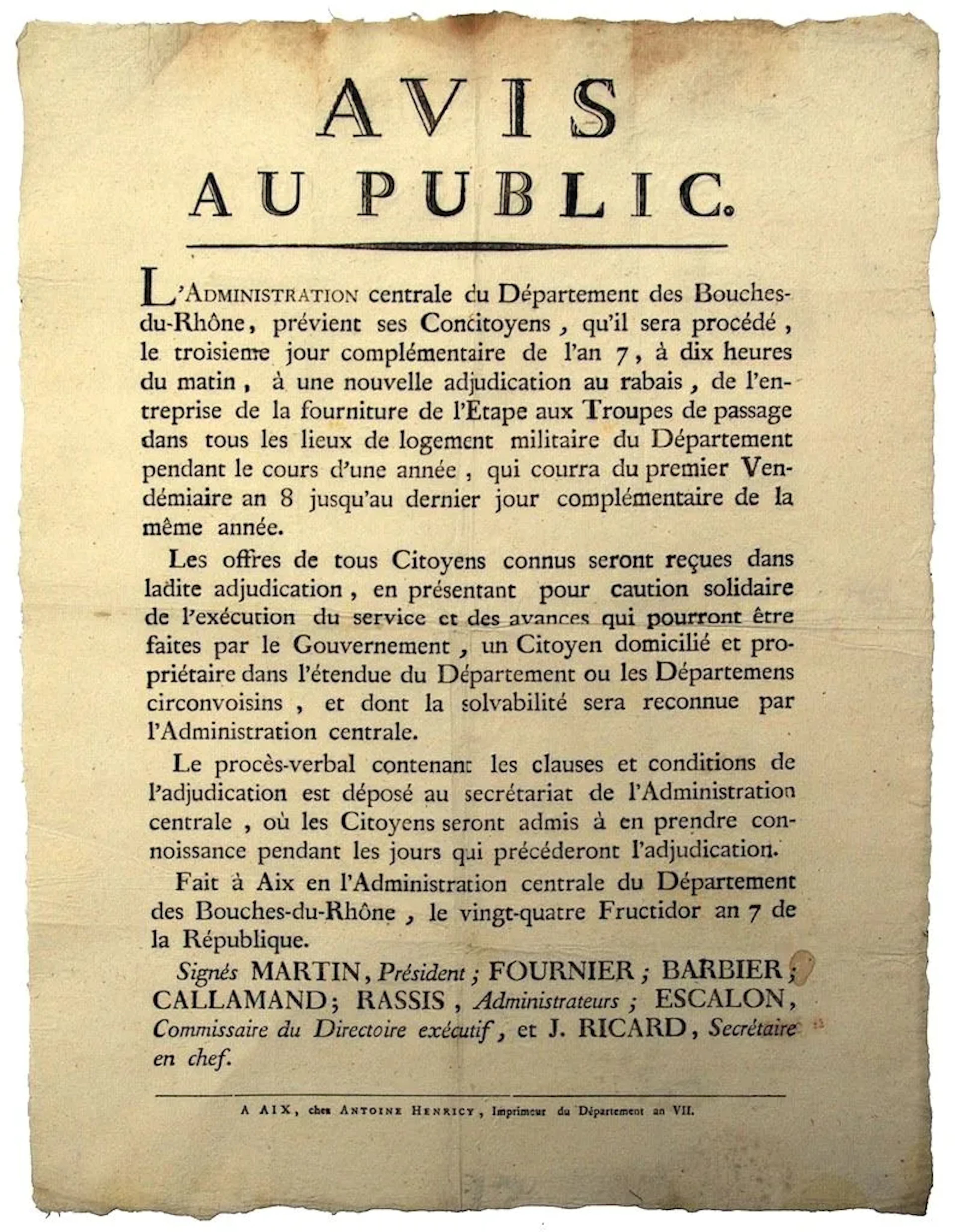 BOUCHES-DU-RHÔNE. Public notice. "The Central Administration - Lot 291