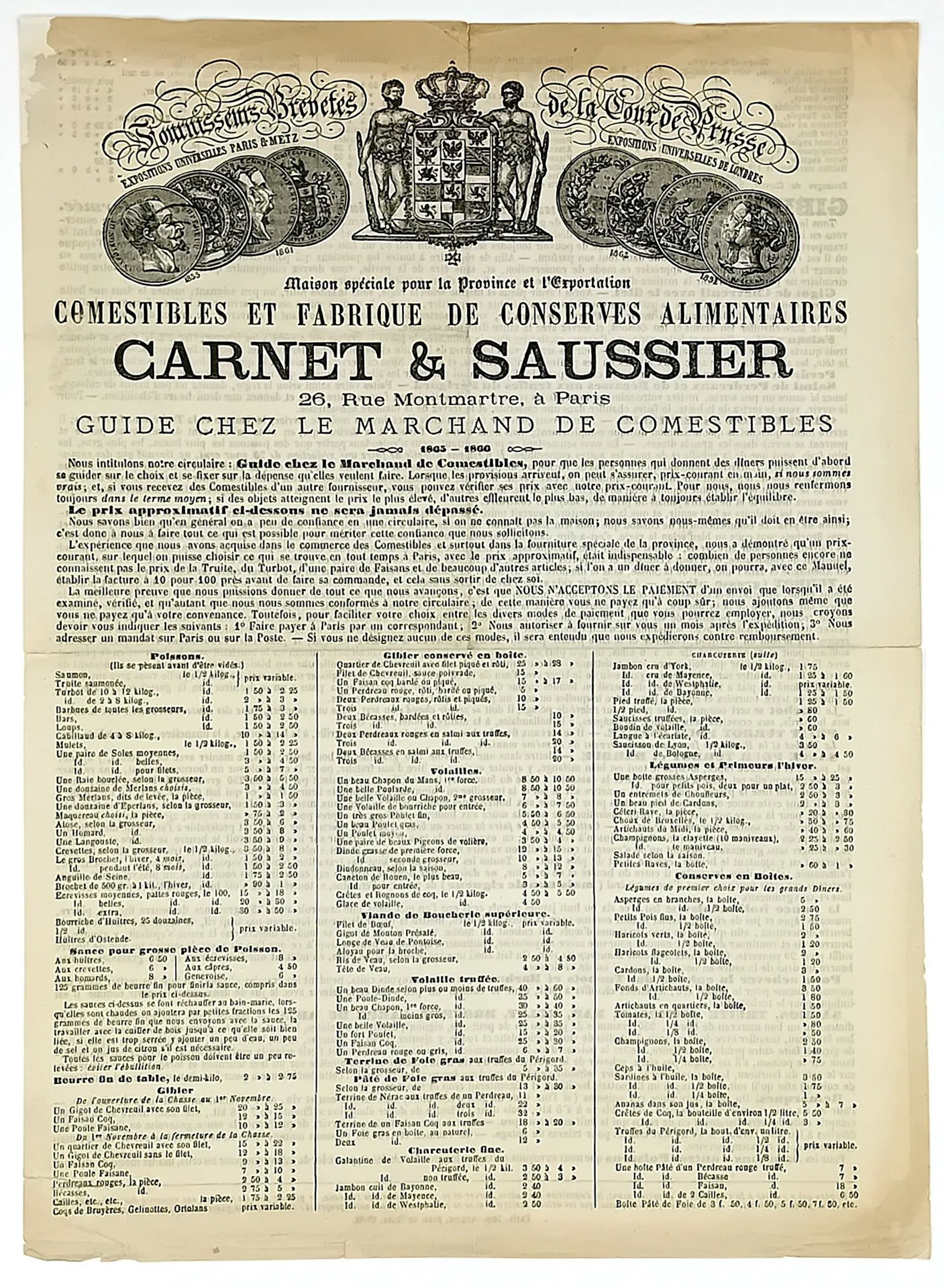PARIS. GROCERY STORE. Price List 1865–66. From a Grocer and - Lot 606
