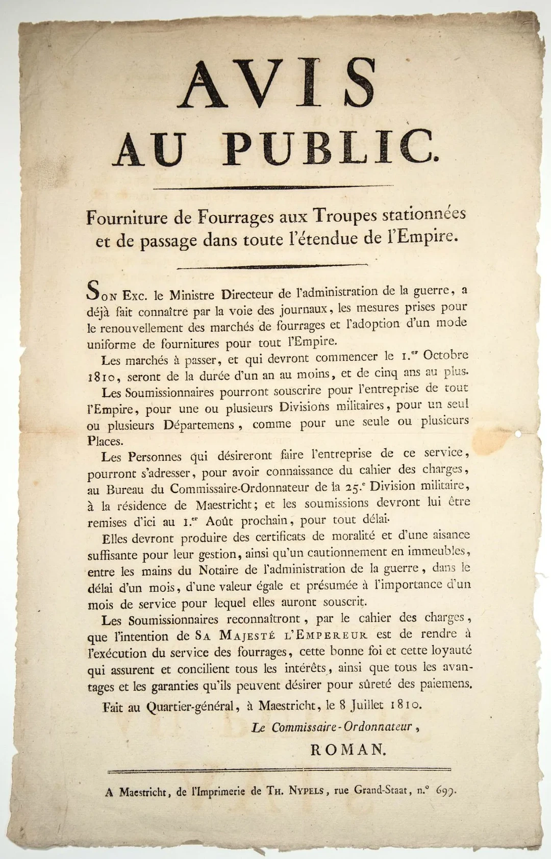 EMPIRE. 1810. Avis au public pour la FOURNITURE AUX TROUPES - Lot 377