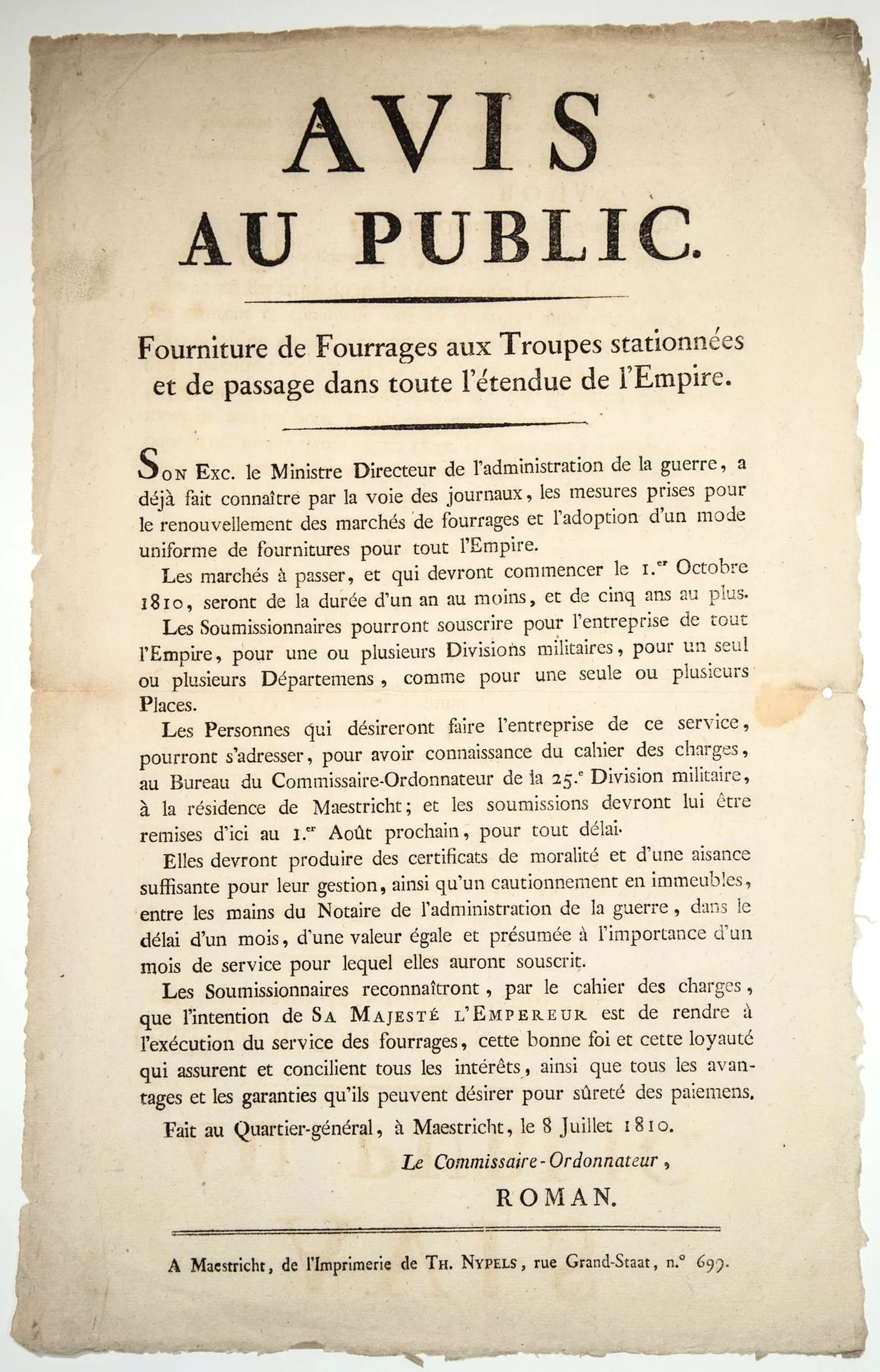EMPIRE. 1810. Avis au public pour la FOURNITURE AUX TROUPES - Lot 377