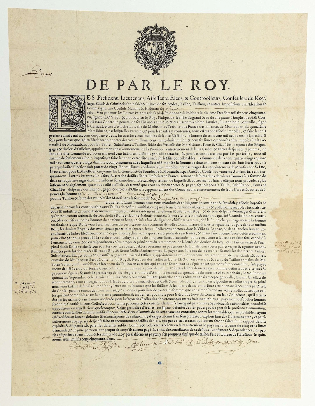 TARN ET GARONNE. 1652. POUPAS (82). DENIERS DU ROY. TAILLES - Lot 17