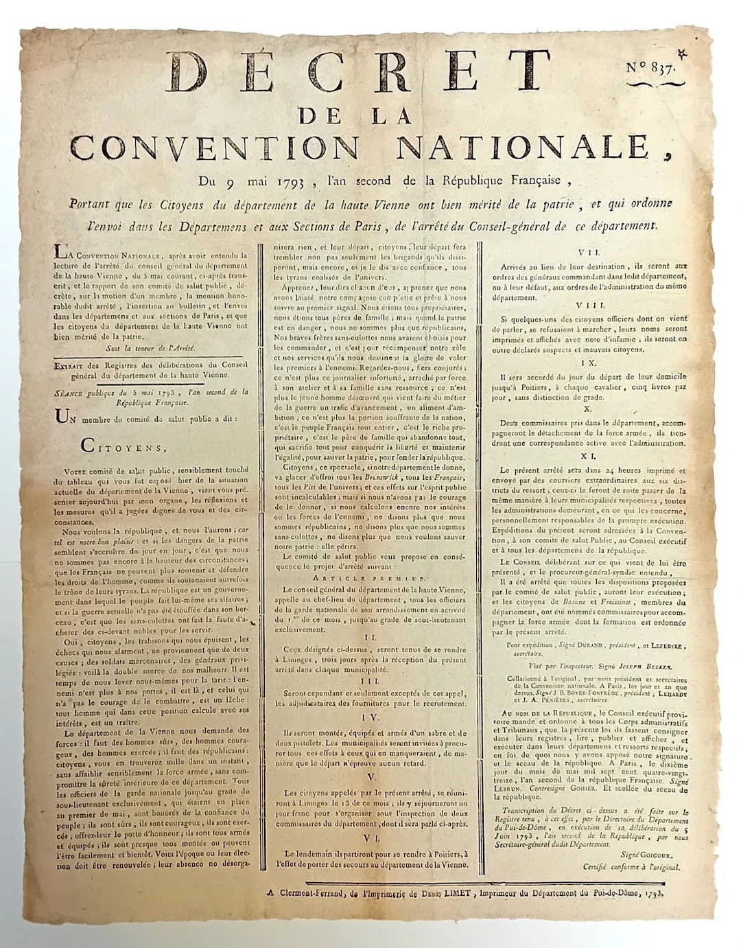 LA HAUTE VIENNE. "Décret de la Convention Nationale, du 9 Ma - Lot 214
