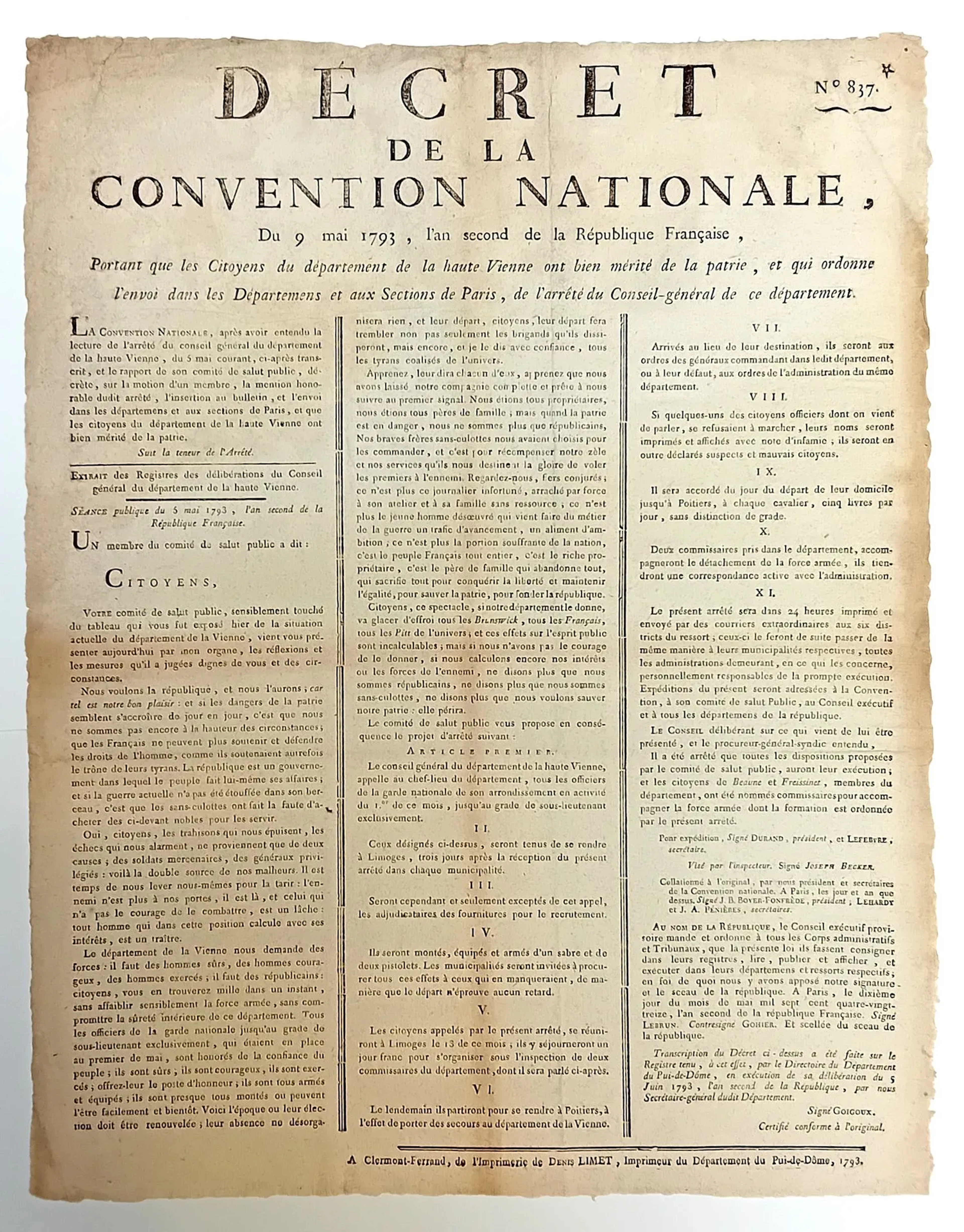 LA HAUTE VIENNE. "Décret de la Convention Nationale, du 9 Ma - Lot 214
