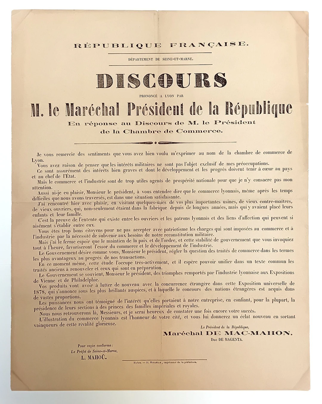 MAC-MAHON, Duke of Magenta. RHÔNE. “Speech delivered in LYON - Lot 630