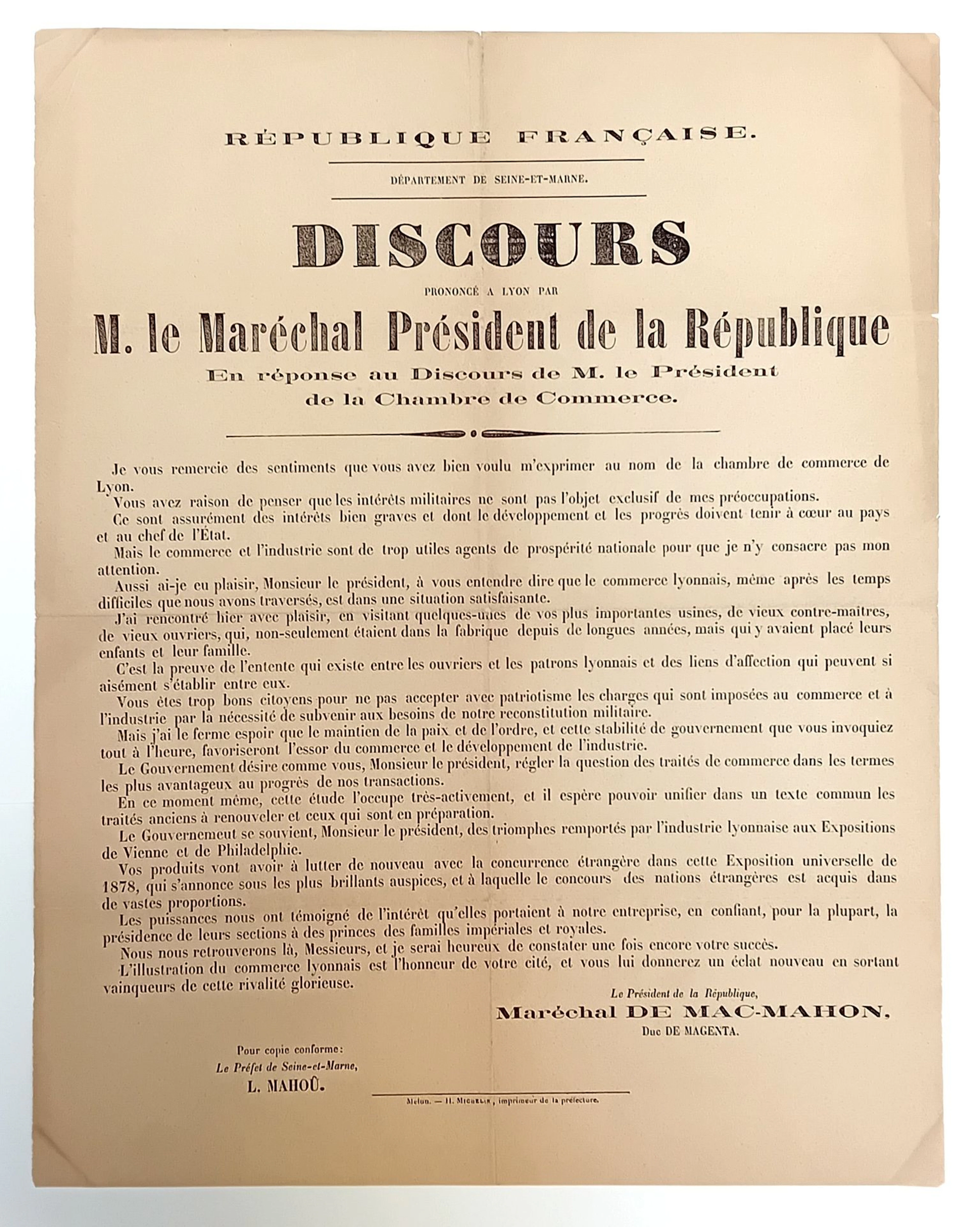 MAC-MAHON, Duke of Magenta. RHÔNE. “Speech delivered in LYON - Lot 630