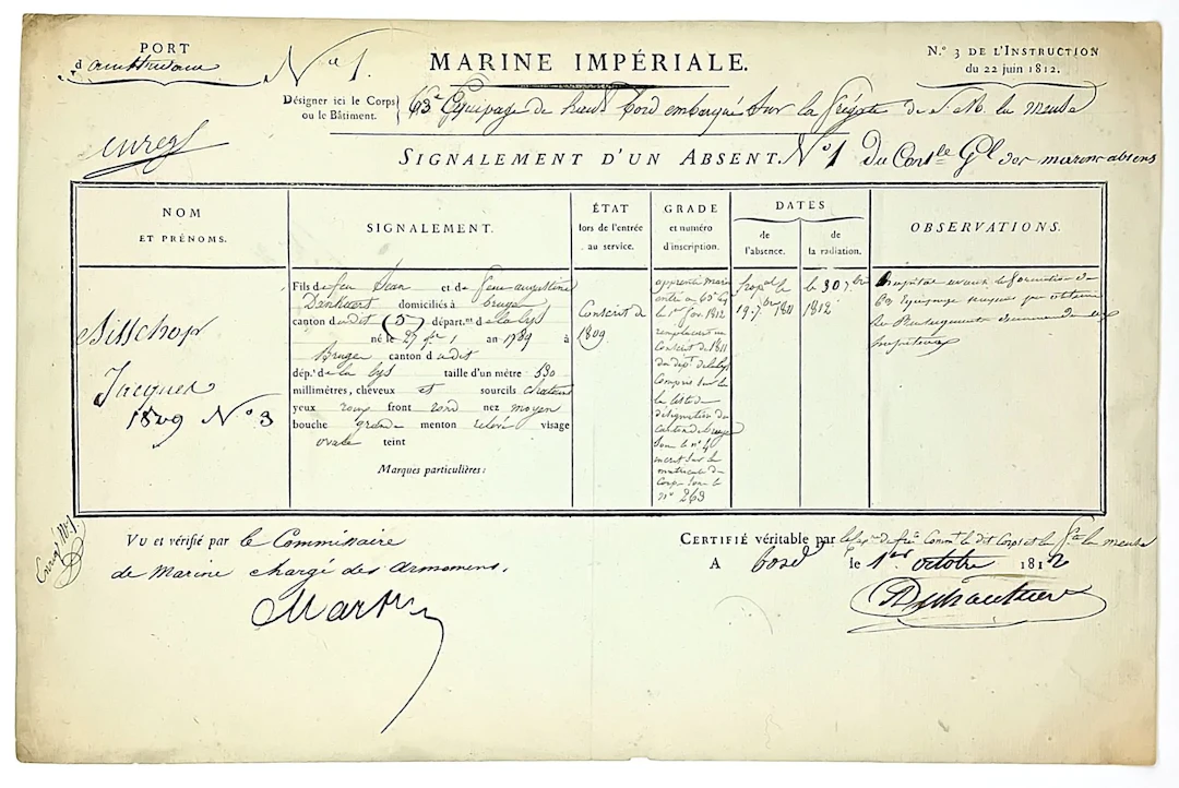 IMPERIAL NAVY. Port of Amsterdam. Report of a missing sailor - Lot 393