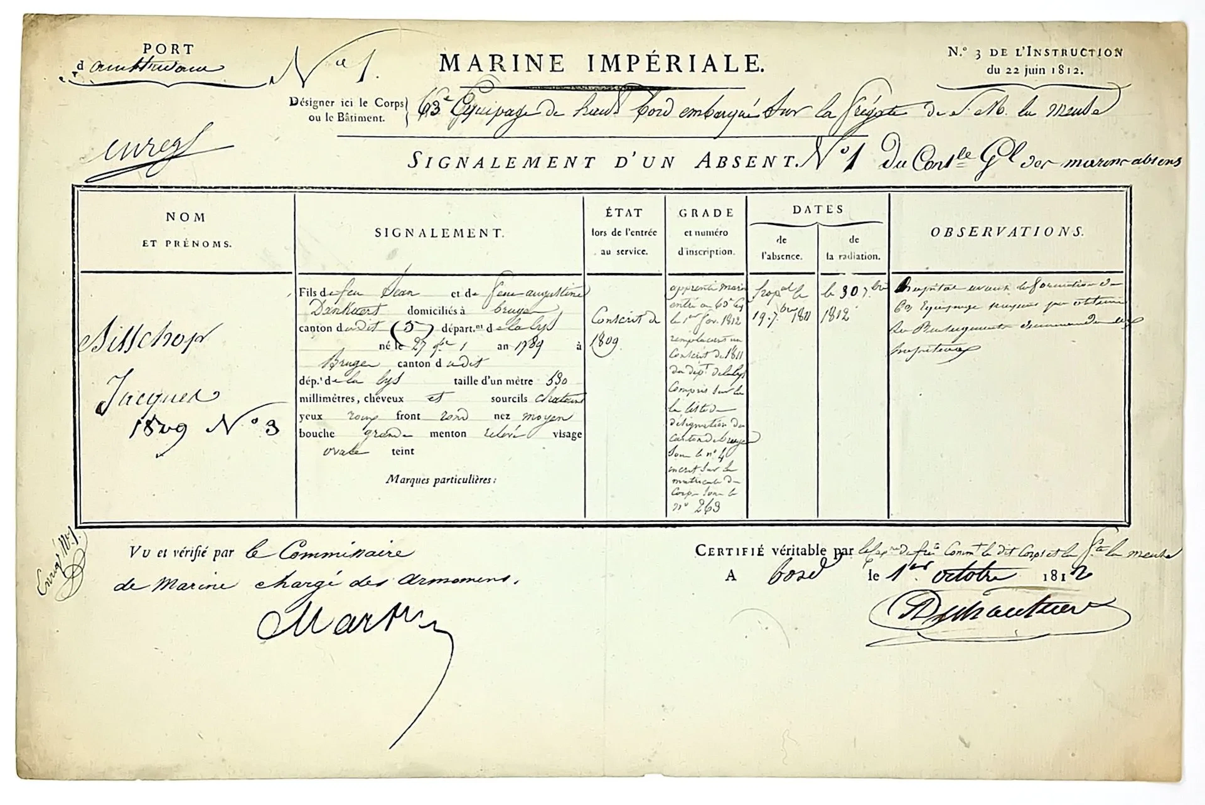 IMPERIAL NAVY. Port of Amsterdam. Report of a missing sailor - Lot 393