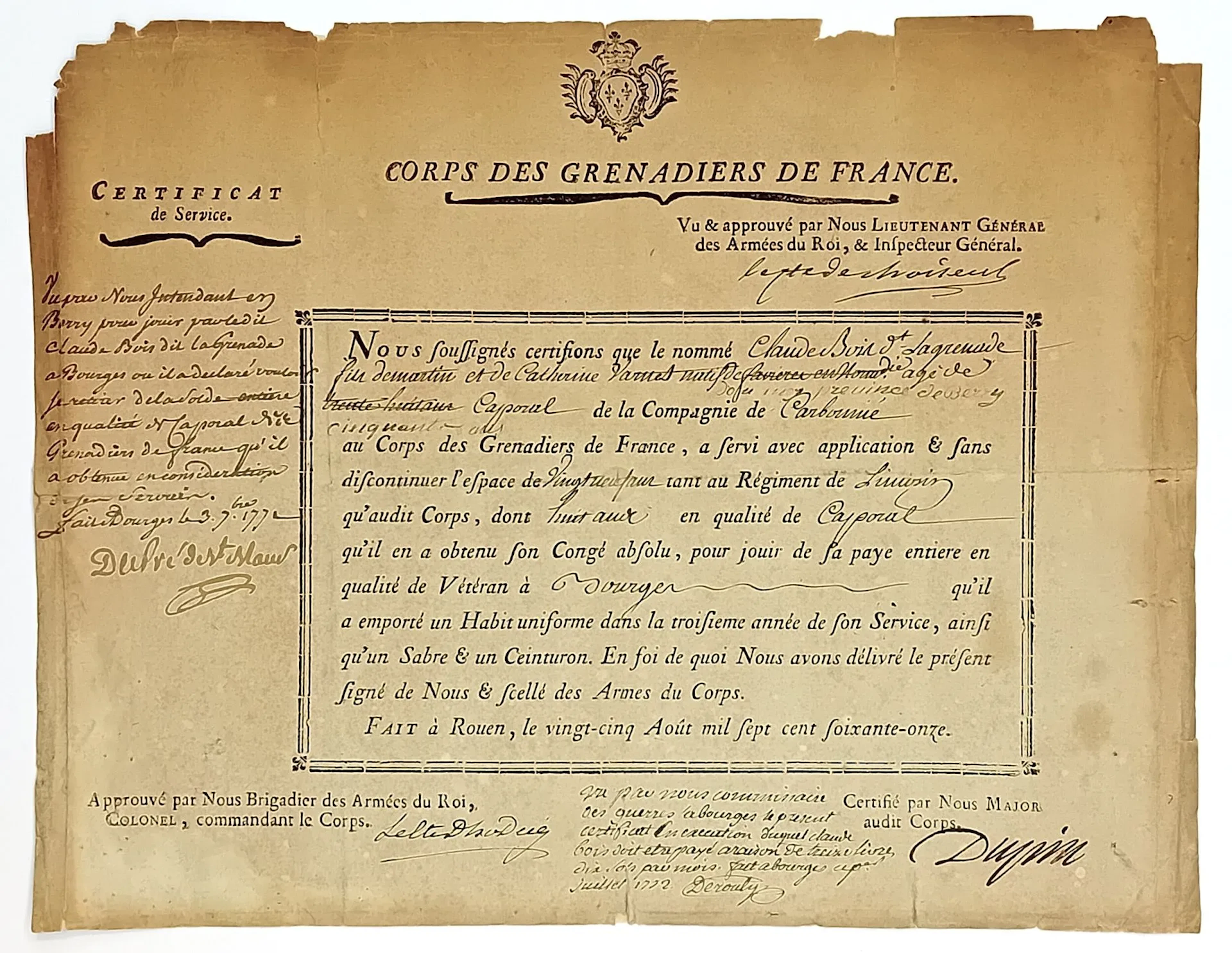 CORPS DES GRENADIERS DE FRANCE. Jacques de CHOISEUL, Comte D - Lot 181