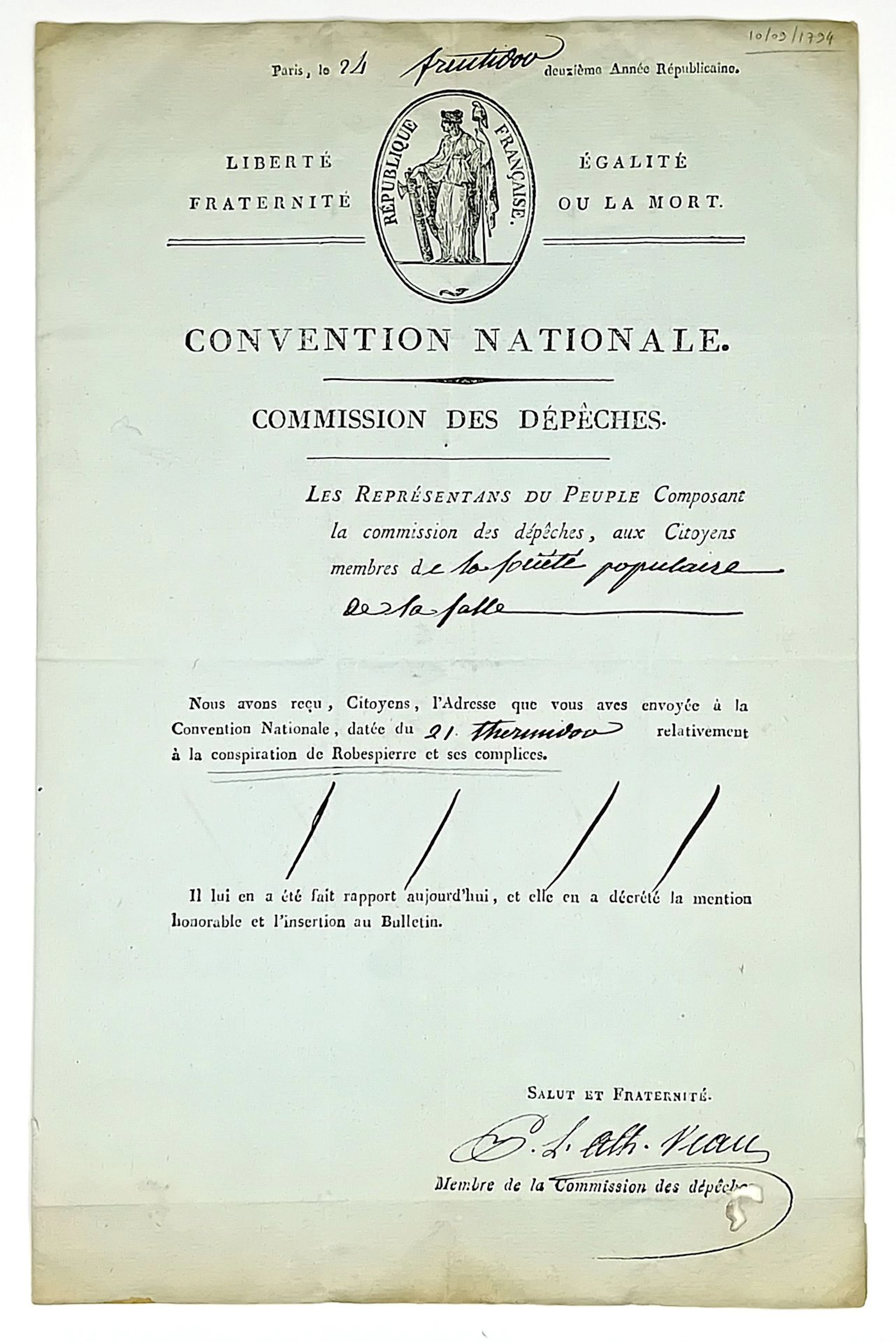 GARD. 1794. Arrest of ROBESPIERRE - Letter from the Committe - Lot 295