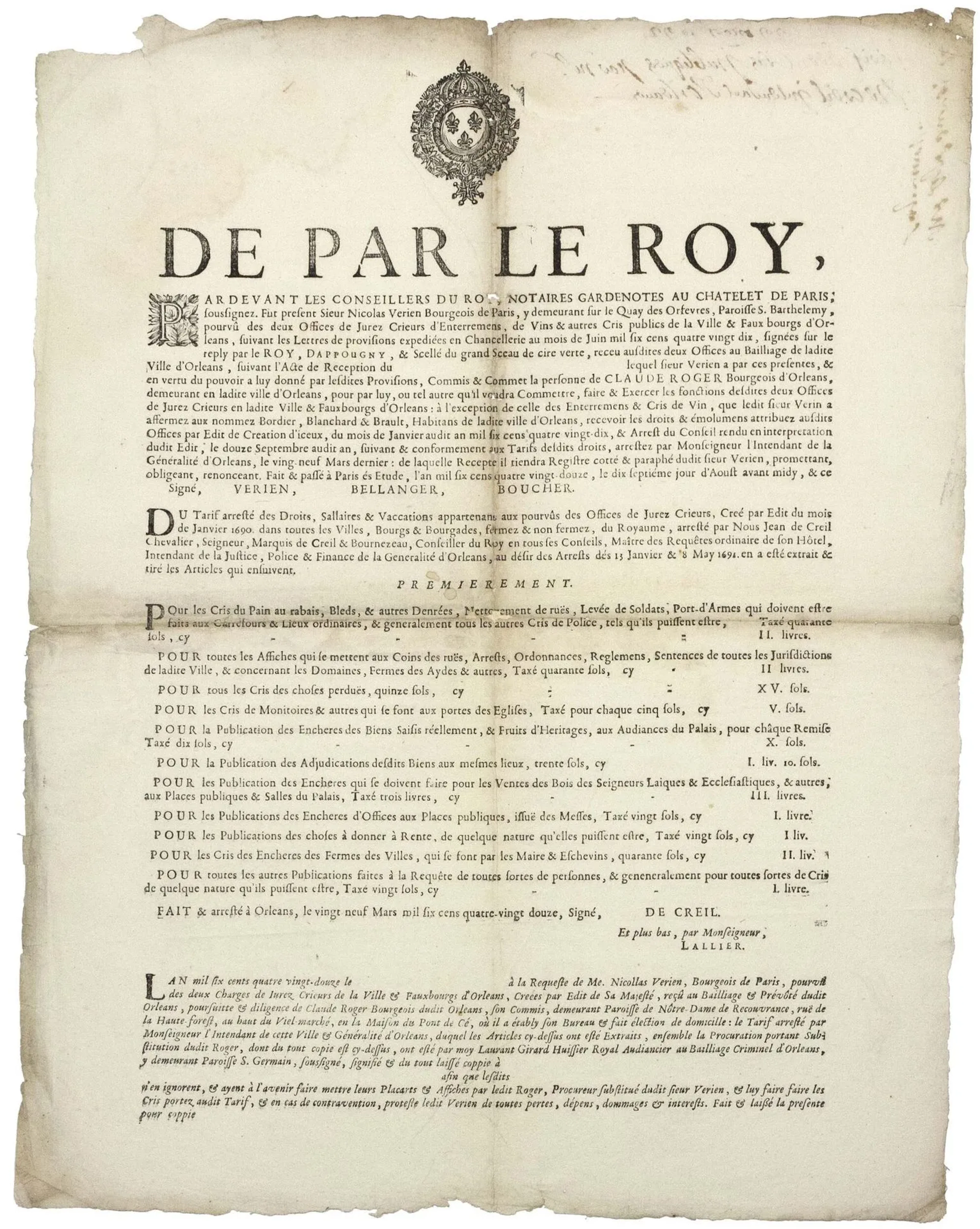ORLÉANS (Loiret). 1692. TARIF DES CRIES PUBLIQUES - DE PAR L - Lot 31