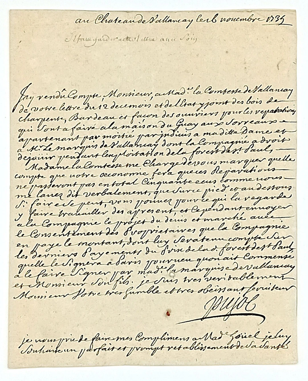 INDRE. CHÂTEAU DE VALENÇAY. Letter A. Signed PUJOL, at Châte - Lot 63