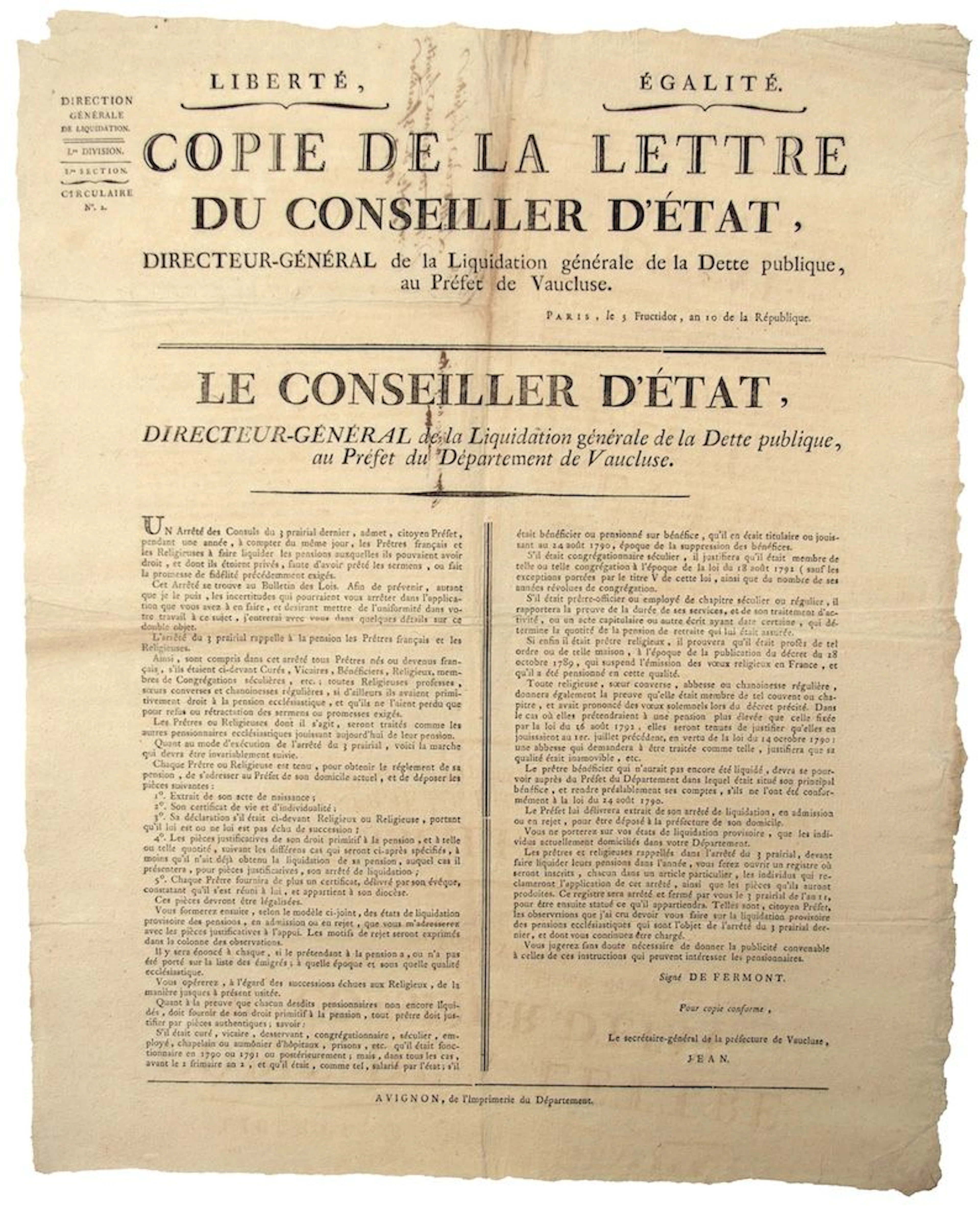 VAUCLUSE. DE FERMONT Le Conseiller d'État, directeur général - Lot 333
