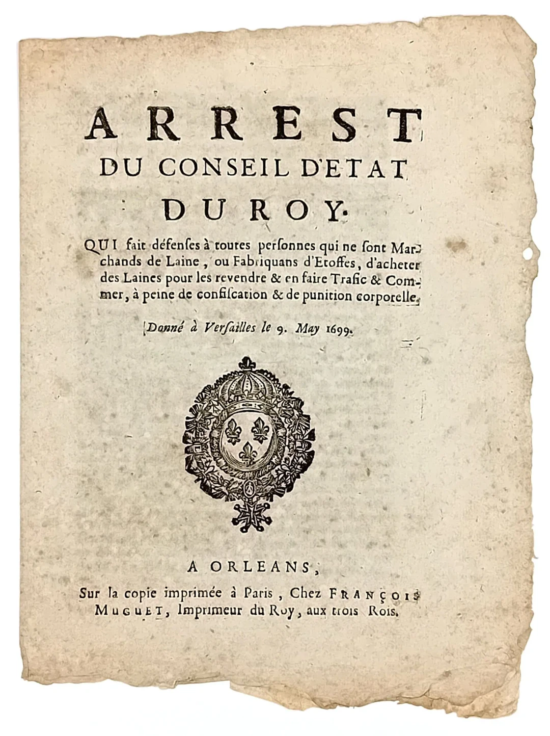 ORLÉANS. LOIRET. WOOL TRADE. “Decree of the King’s Council o - Lot 38