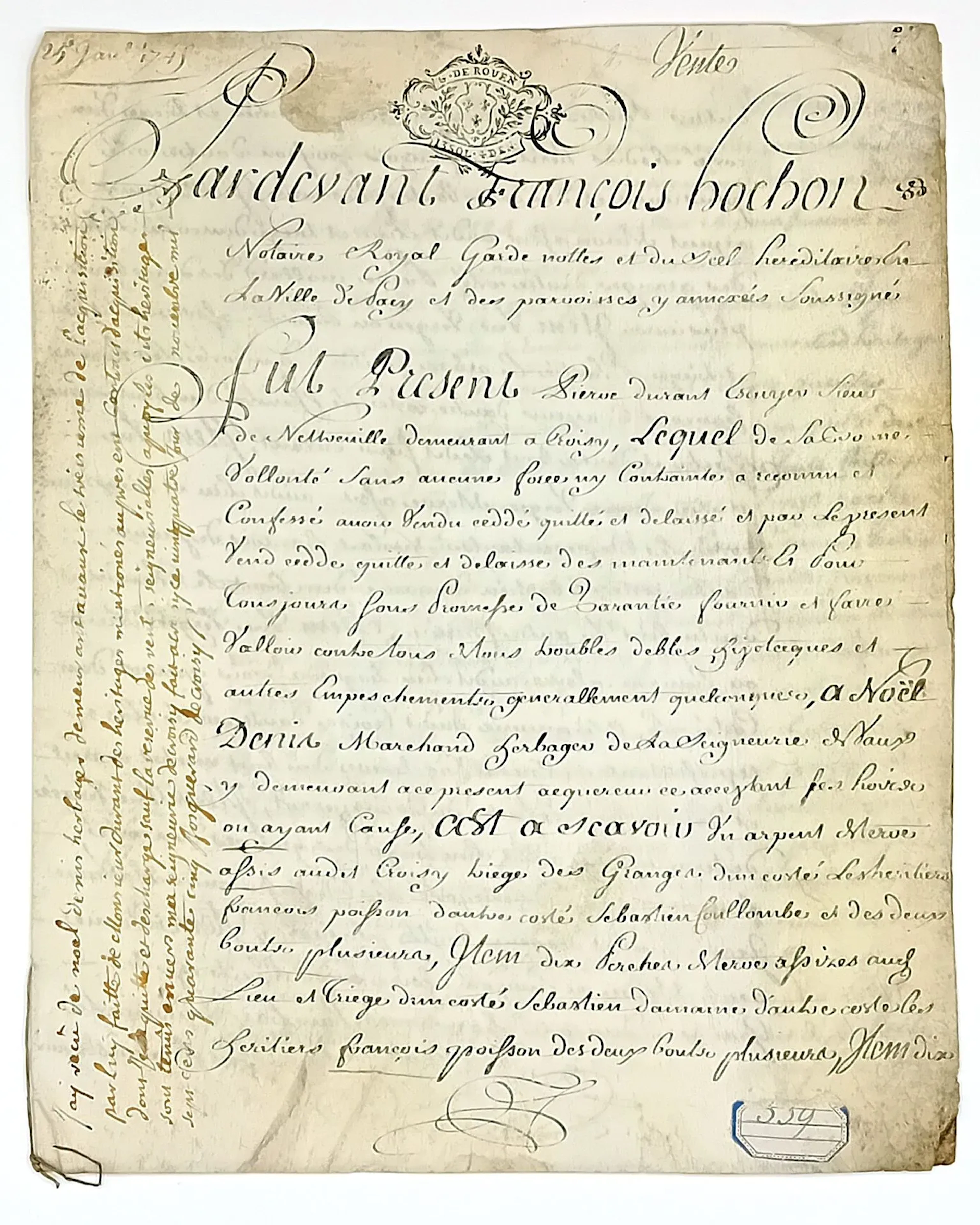 CROISY (EURE) - Parchment 4 pages in-folio - Deed of sale of - Lot 69