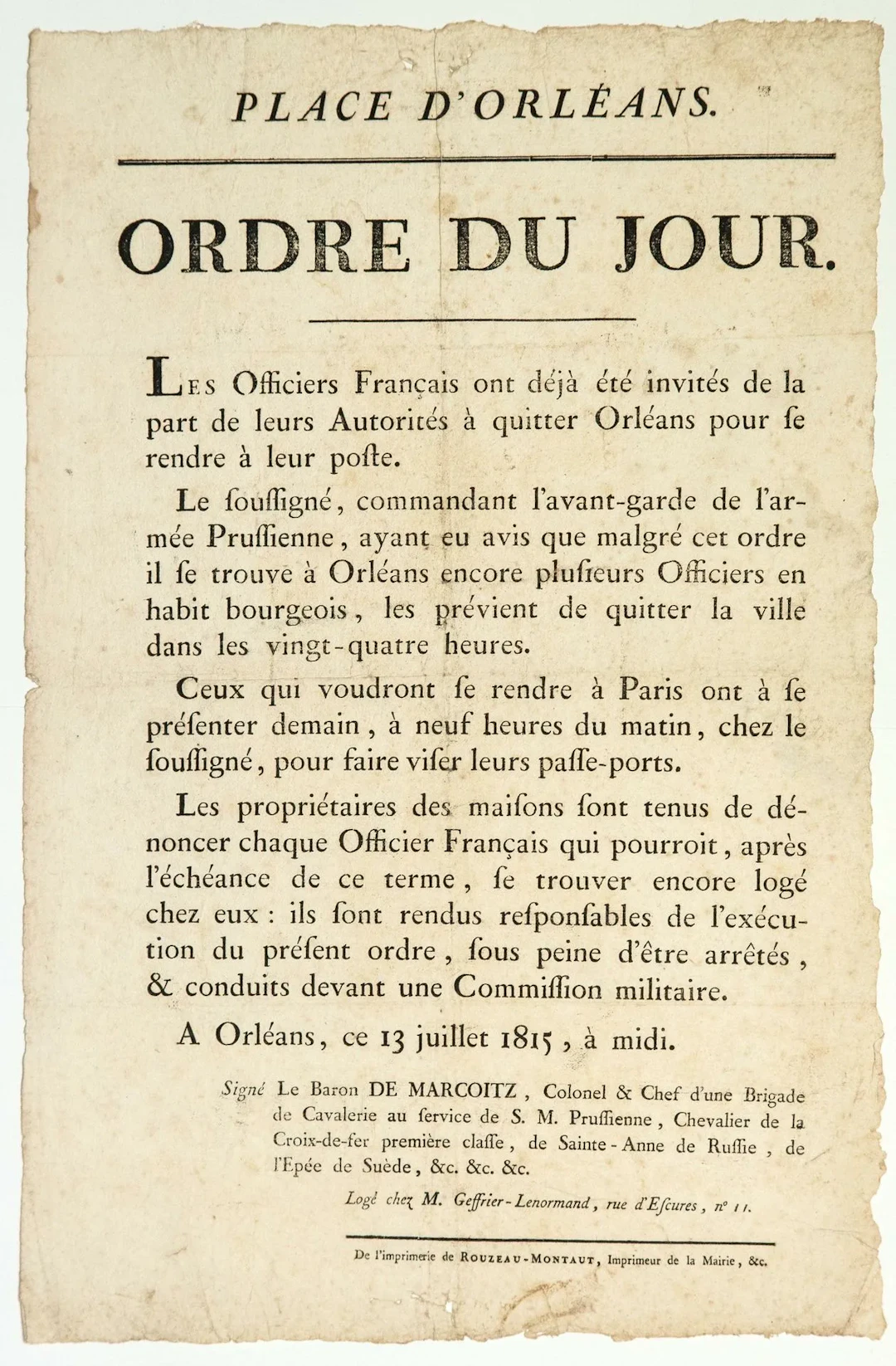 LOIRET. Order of the day made at ORLÉANS (45) July 13, 1815, - Lot 411