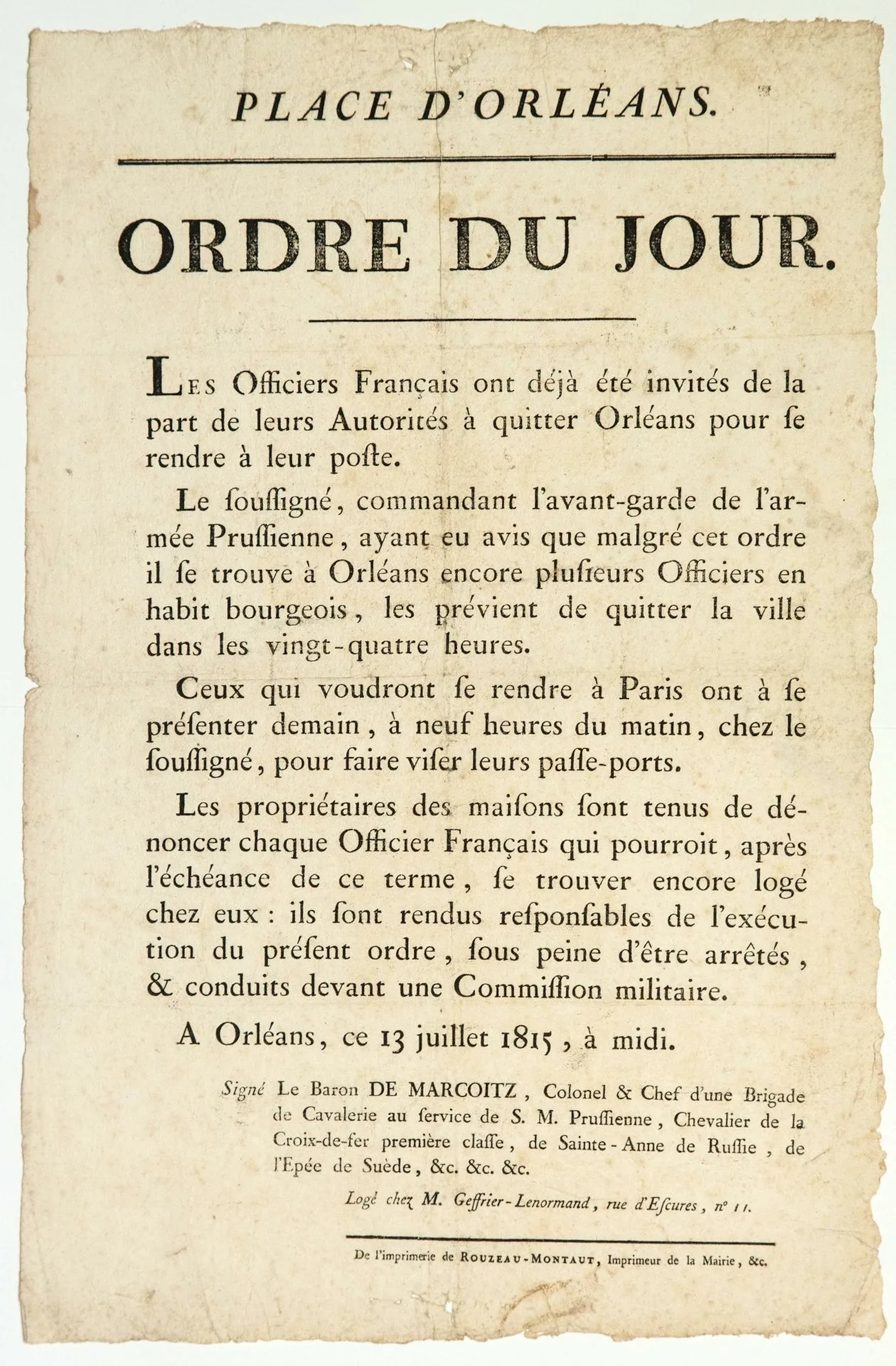 LOIRET. Order of the day made at ORLÉANS (45) July 13, 1815, - Lot 411