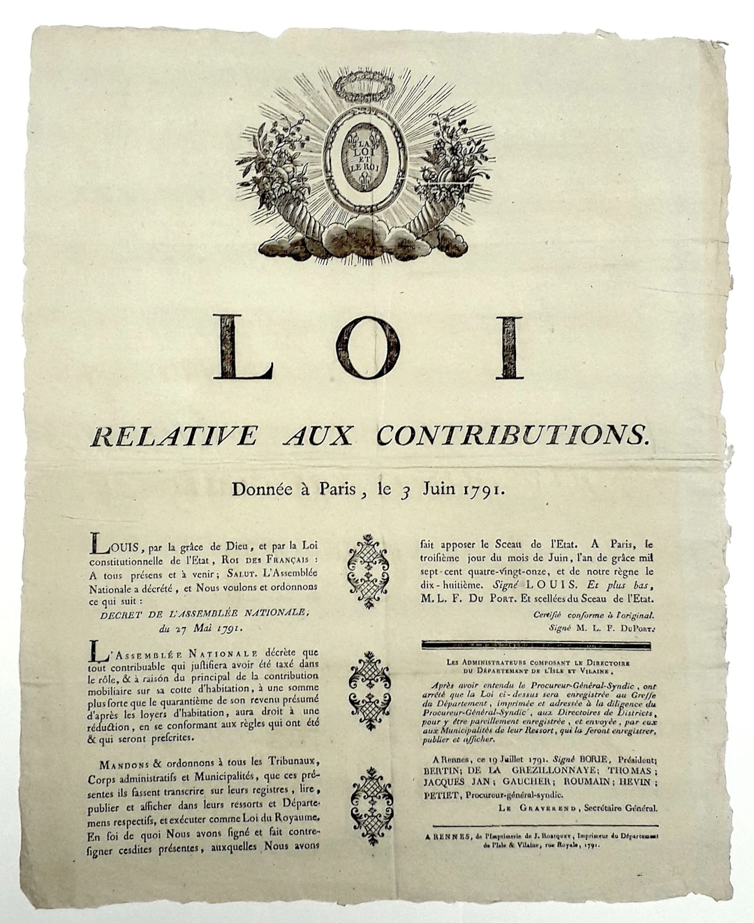 ILLE-ET-VILAINE. 1791. REVOLUTION. “Law Concerning TAXES, En - Lot 199