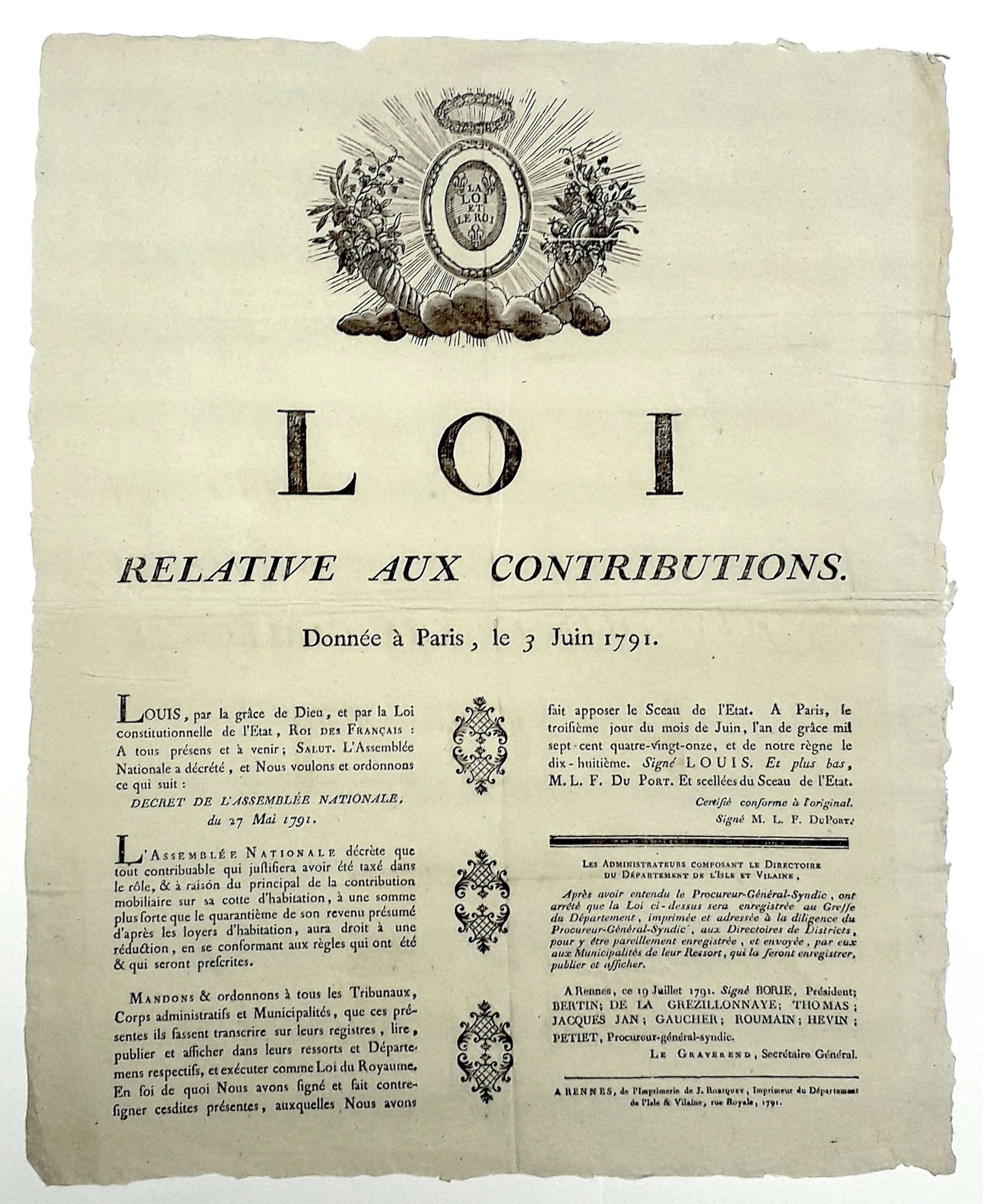 ILLE-ET-VILAINE. 1791. REVOLUTION. “Law Concerning TAXES, En - Lot 199