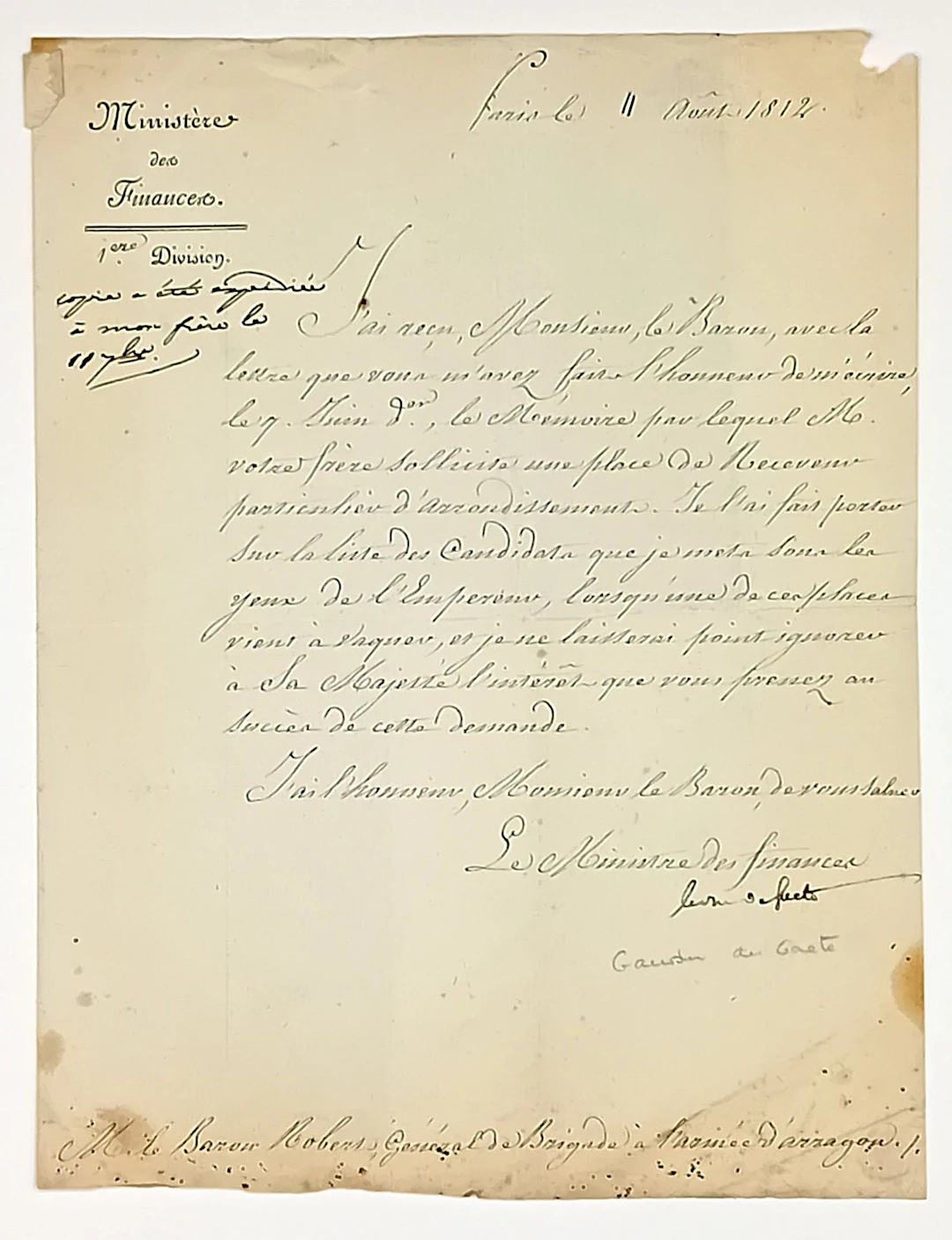 GAUDIN, Duc de GAÊTE, Ministre des Finances - Letter signed - Lot 392