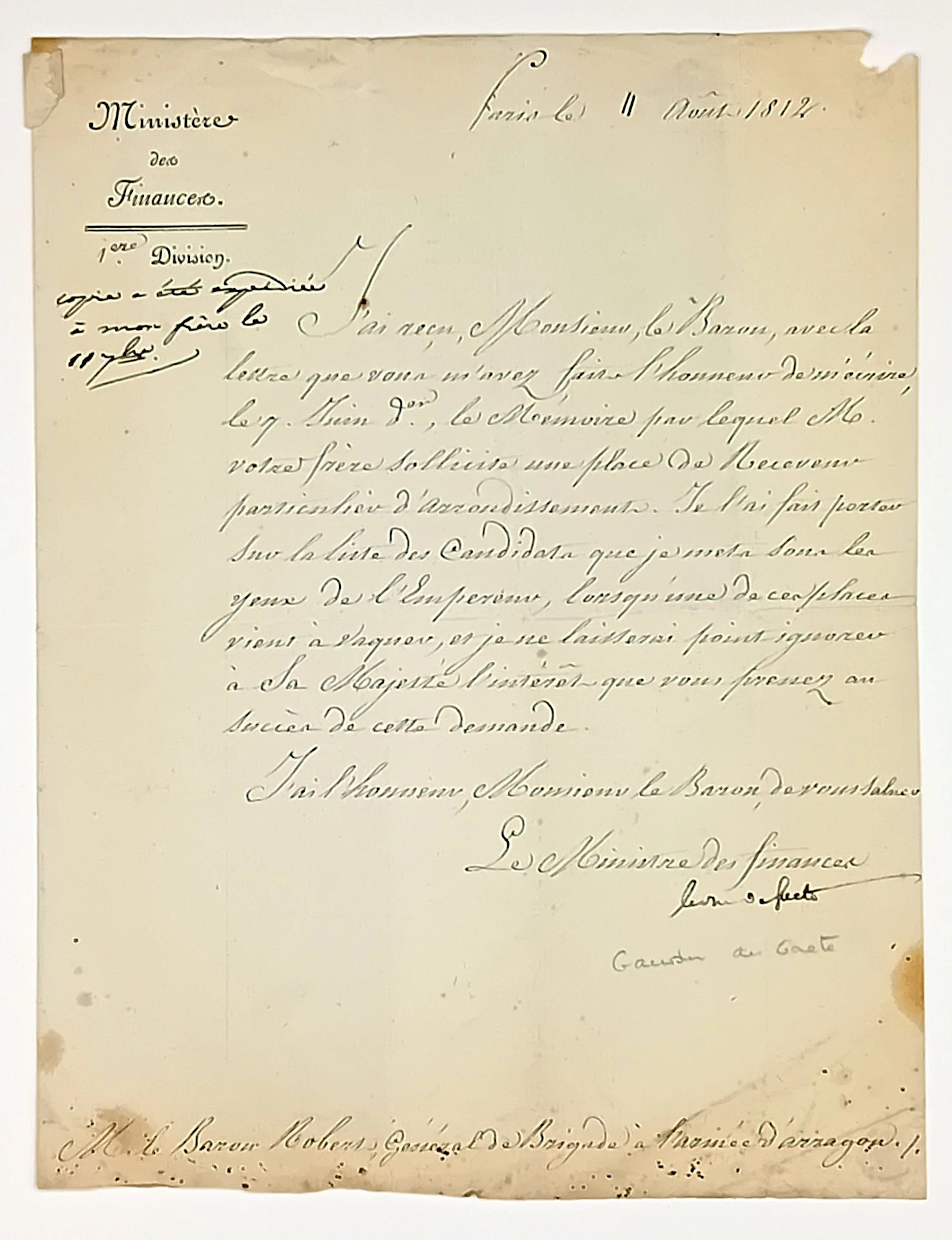 GAUDIN, Duc de GAÊTE, Ministre des Finances - Letter signed - Lot 392