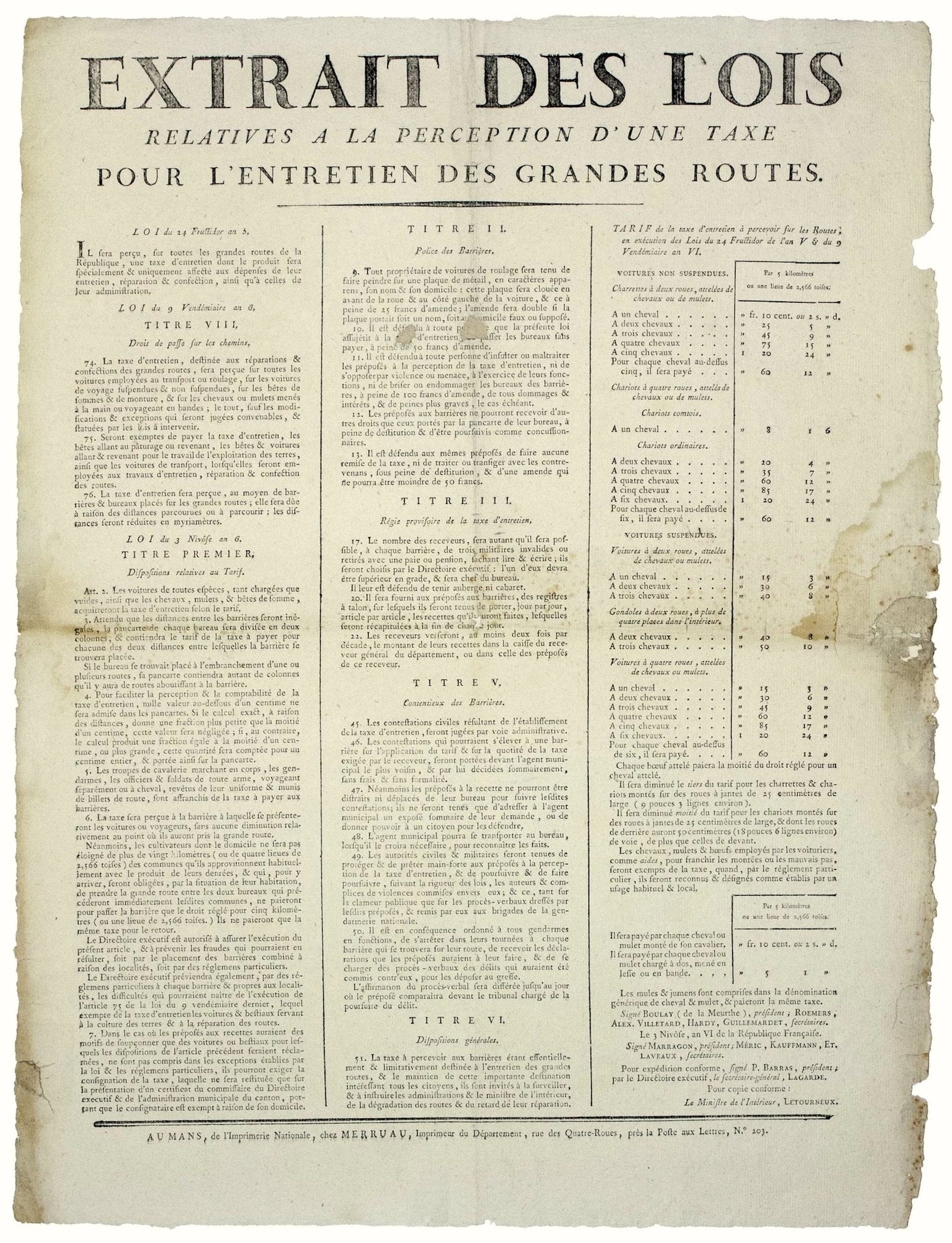 SARTHE. MAINTENANCE OF MAJOR ROADS. "Extract from the laws r - Lot 258