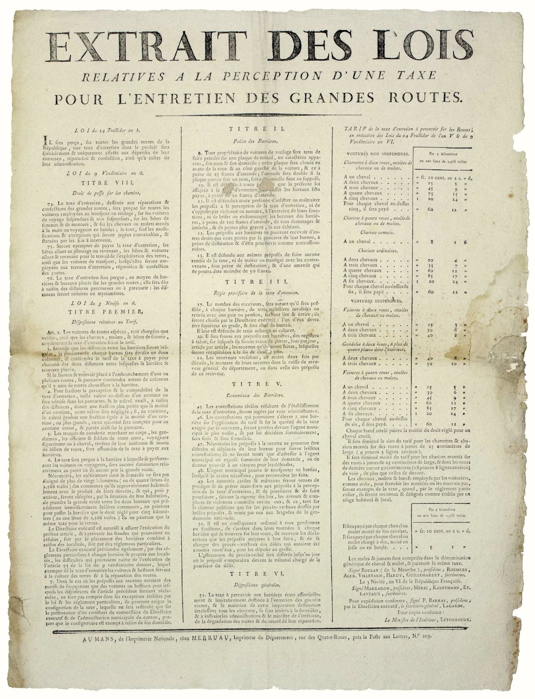 SARTHE. MAINTENANCE OF MAJOR ROADS. "Extract from the laws r - Lot 258