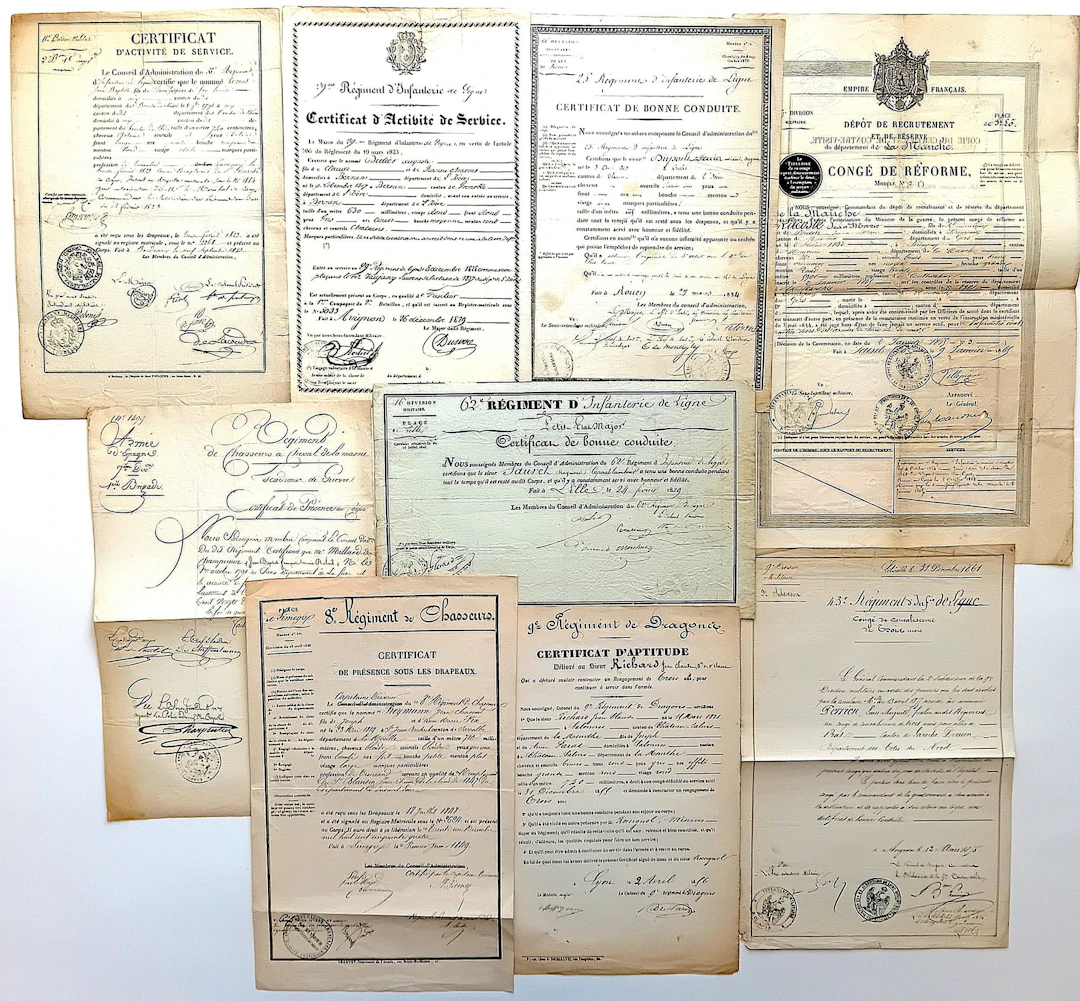 9 MILITARY CERTIFICATES: “ARMY OF SPAIN—MARNE MOUNTED CHASSE - Lot 452