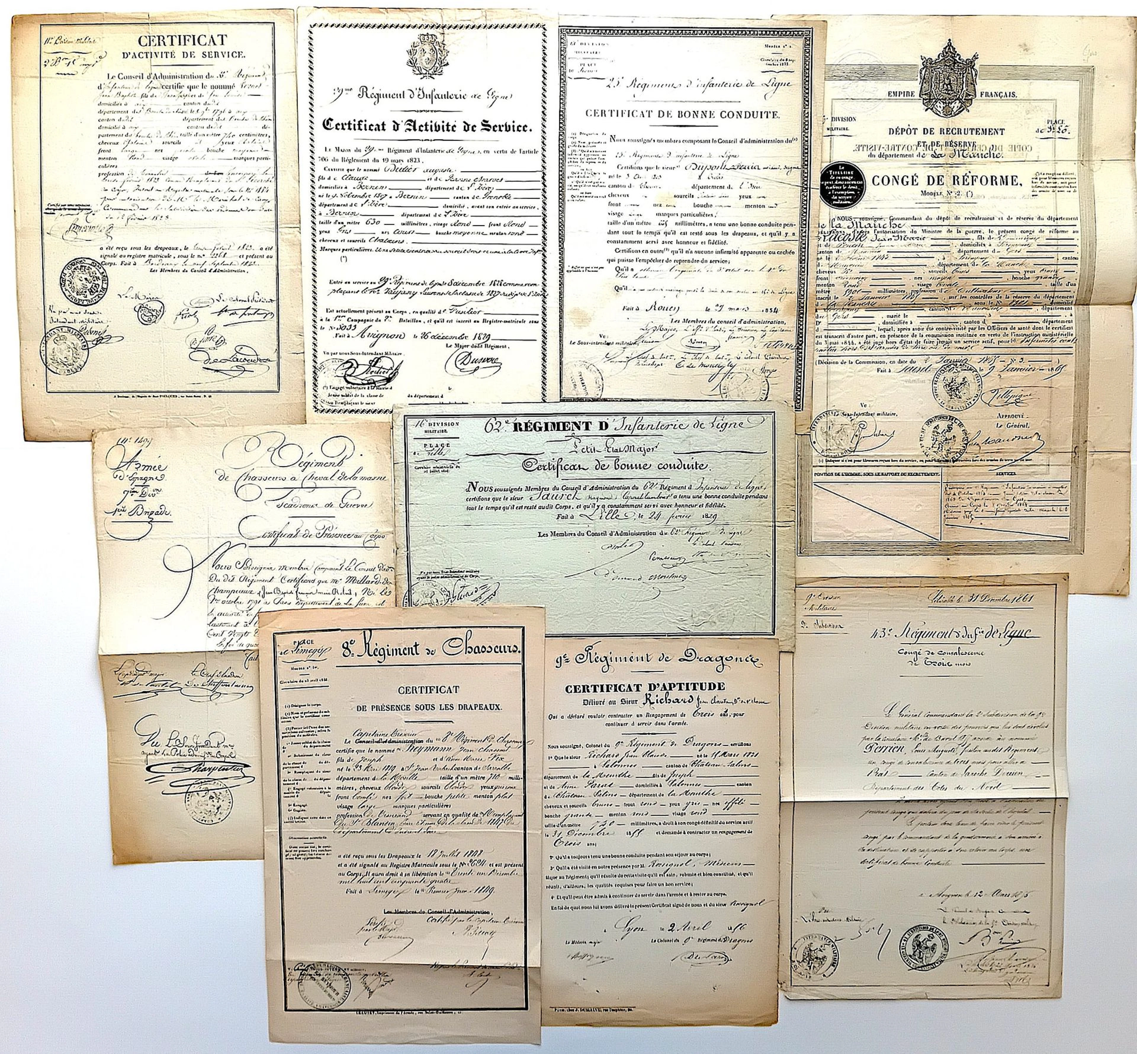 9 MILITARY CERTIFICATES: “ARMY OF SPAIN—MARNE MOUNTED CHASSE - Lot 452