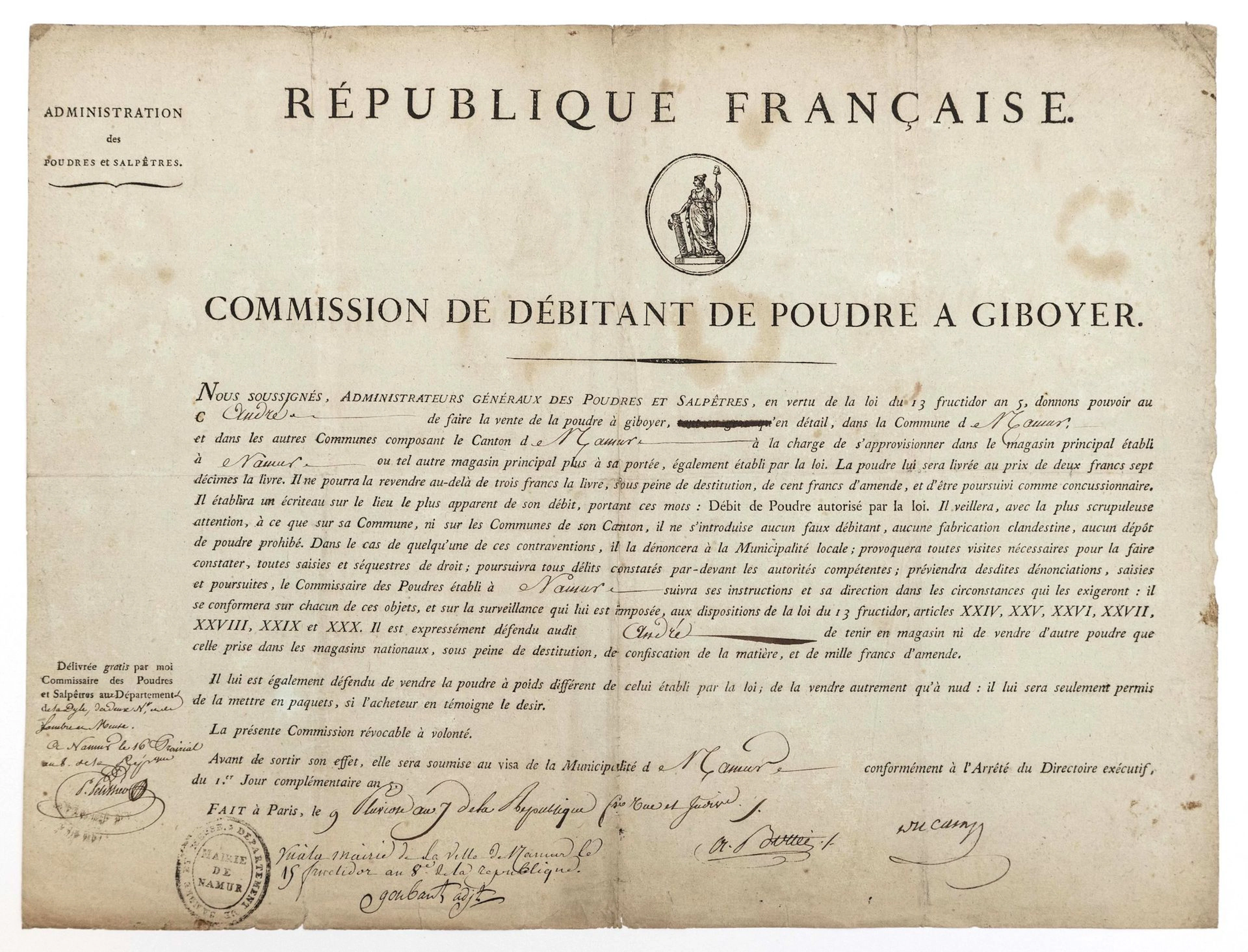 BELGIUM. 1799. NAMUR (Department of the Dyle). License to se - Lot 278