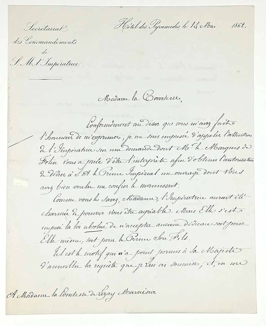 DEDICATION DU PRINCE IMPÉRIAL - Letter signed Baron DAMAS-HI - Lot 593