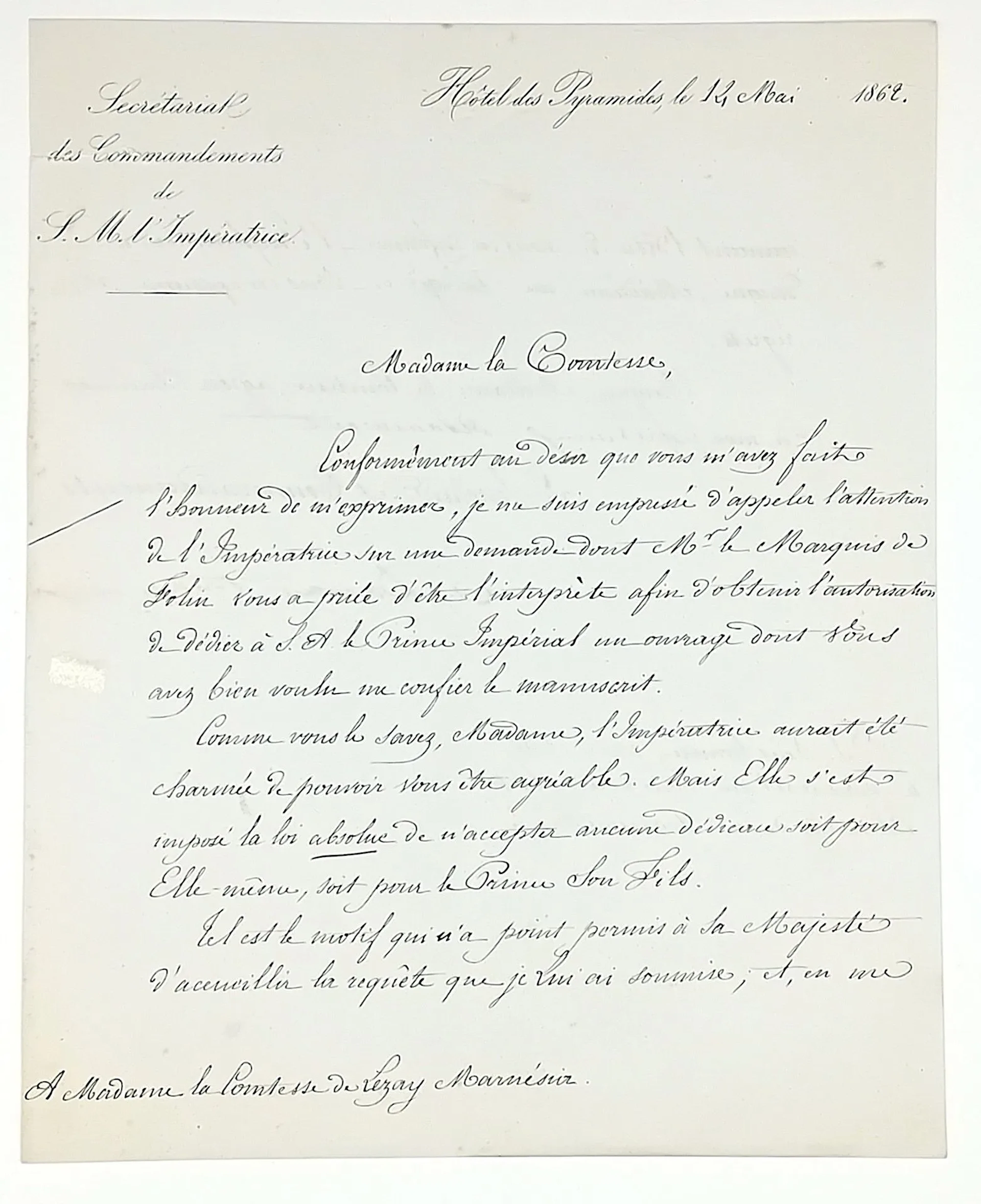 DEDICATION DU PRINCE IMPÉRIAL - Letter signed Baron DAMAS-HI - Lot 593