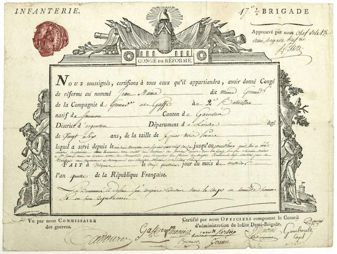 MANCHE. 1796. CHOUANS. Military discharge signed by the Coun - Lot 251