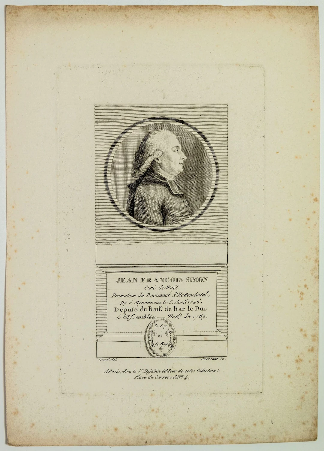 MEUSE. Jean François SIMON, Curé de Woël, Député du Bailliag - Lot 180