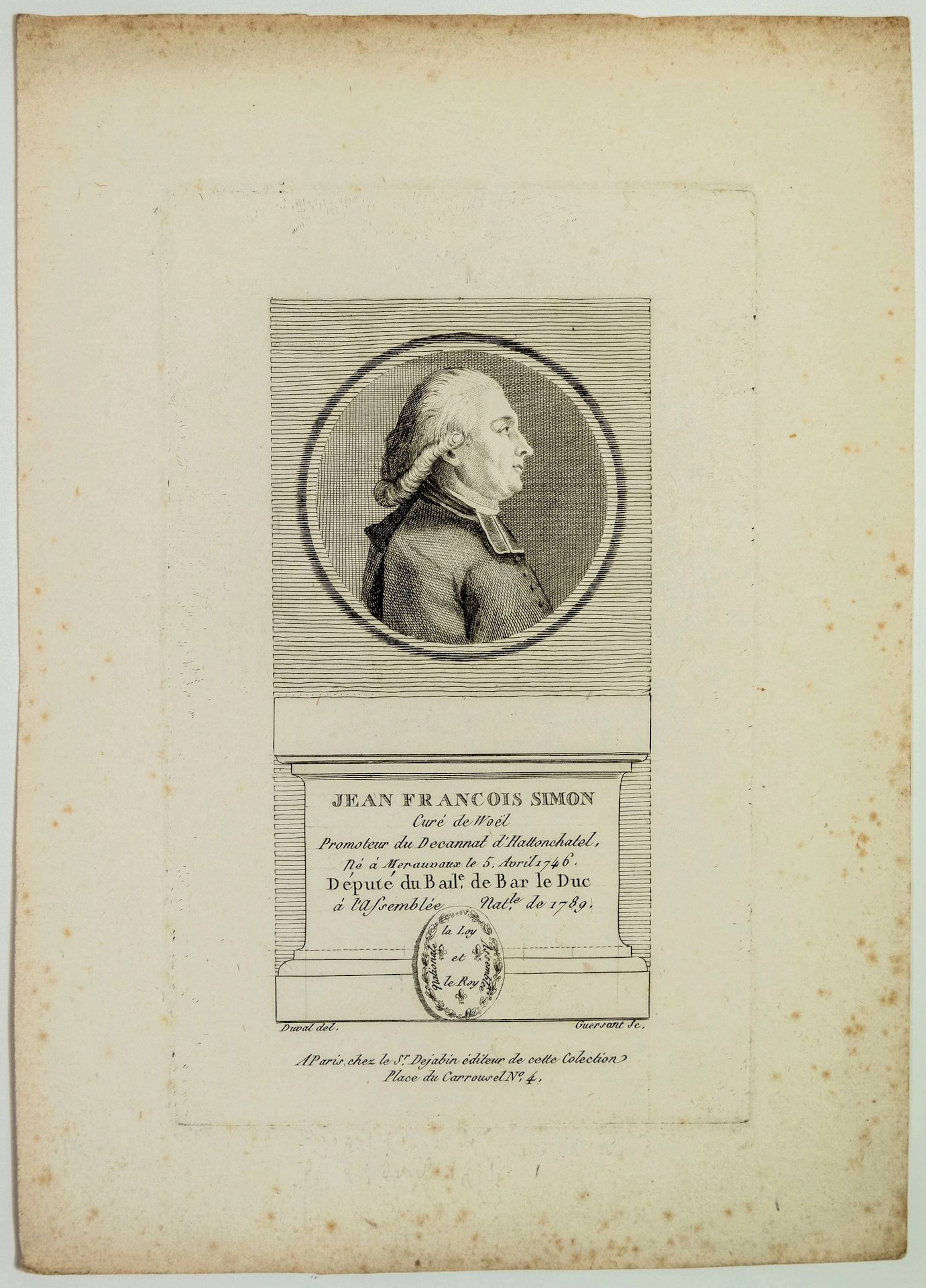 MEUSE. Jean François SIMON, Curé de Woël, Député du Bailliag - Lot 180