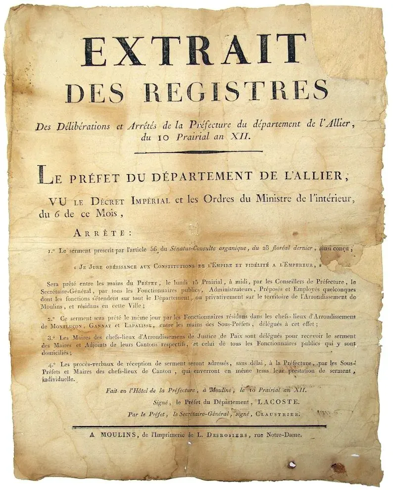 ALLIER. NAPOLEON Emperor. SERMENT. "Extrait des registres de - Lot 349