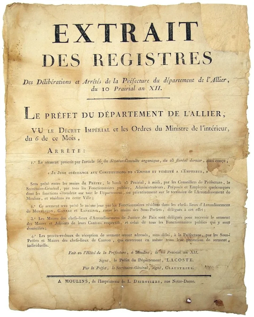 ALLIER. NAPOLEON Emperor. SERMENT. "Extrait des registres de - Lot 349