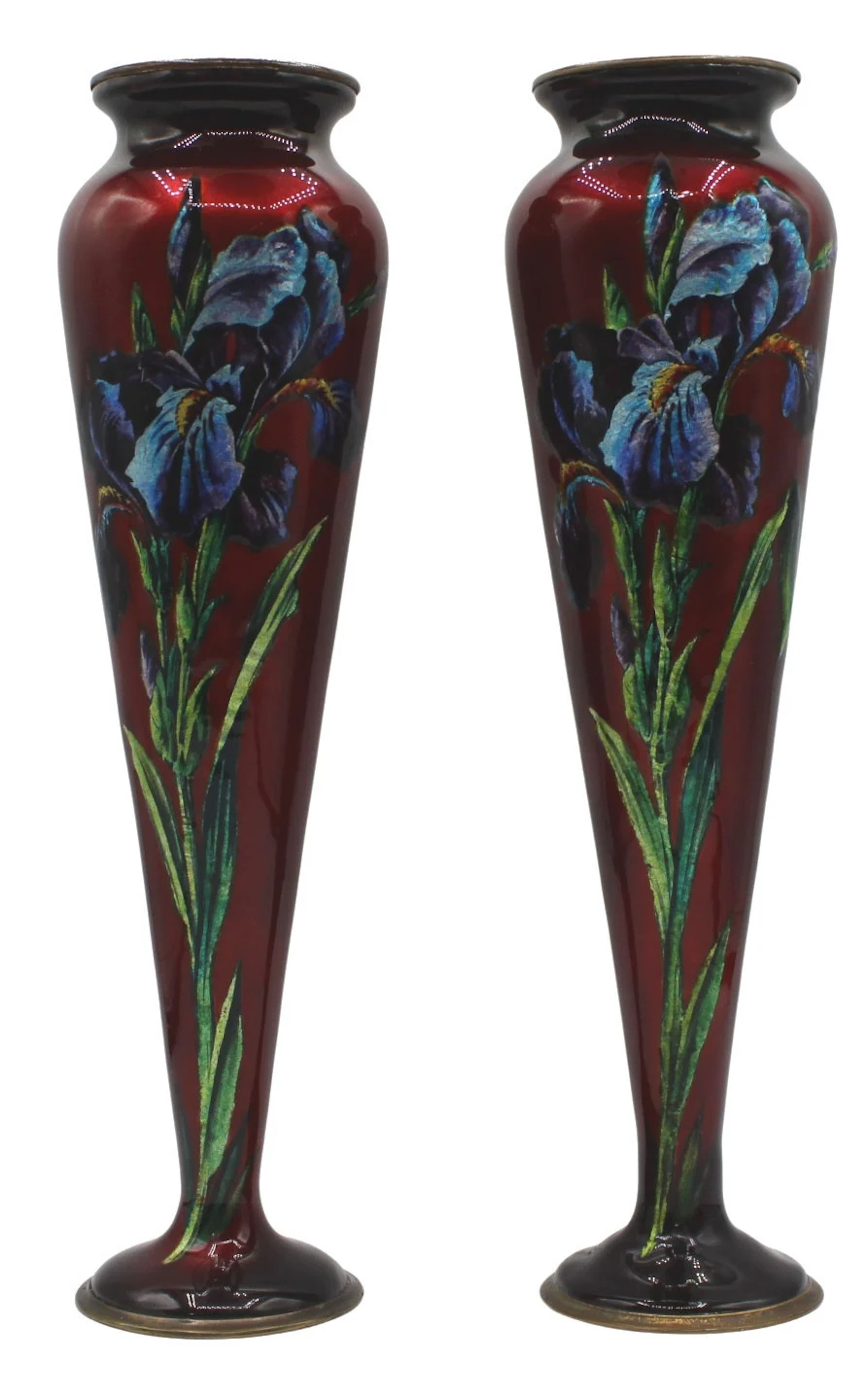 Pair of Camille Faure Enamel on Copper Iris Vases.