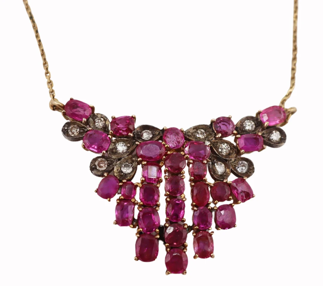 JEWELRY. Pink Gem and Diamond Pendant on Chain.