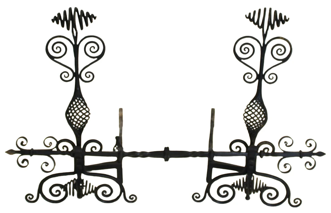 Large Antique Pair of Iron Andirons & Stretcher.