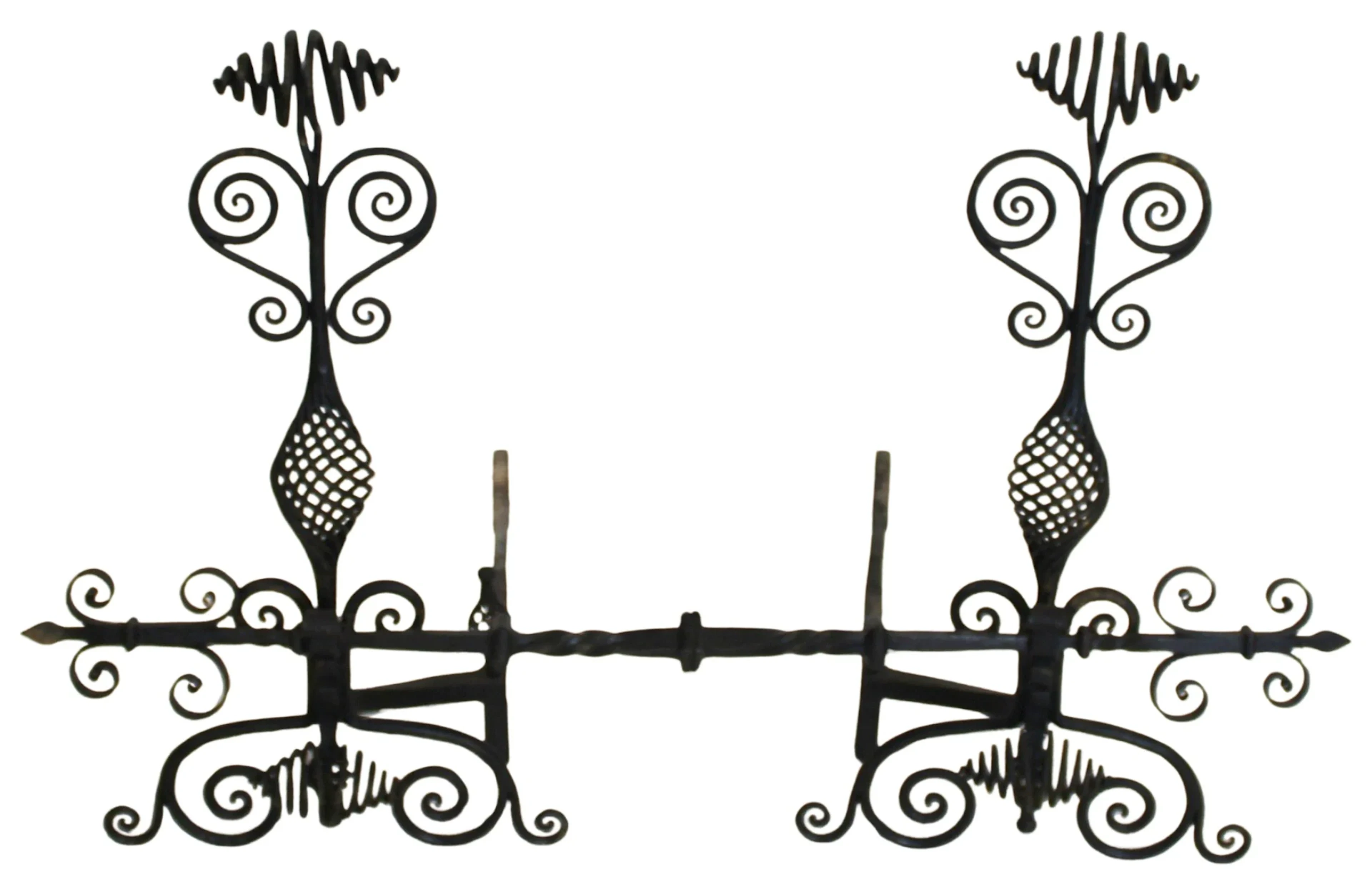 Large Antique Pair of Iron Andirons & Stretcher.