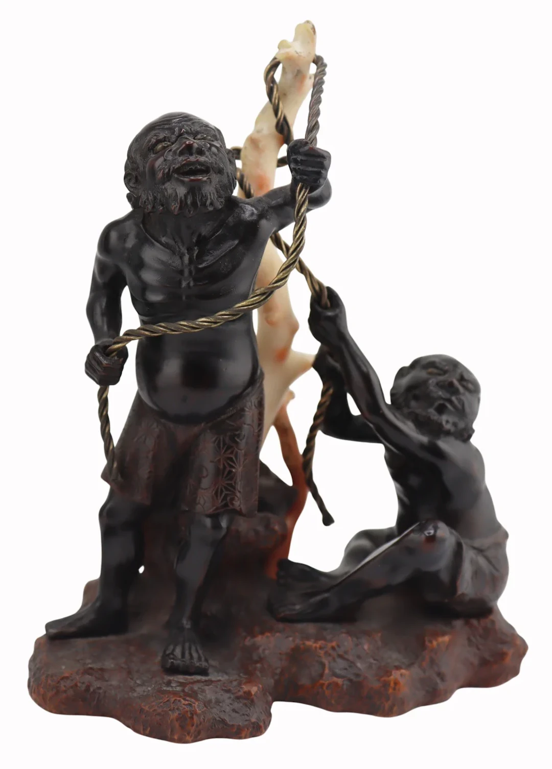 Signed Japanese Wood Carved Okimono with Coral.