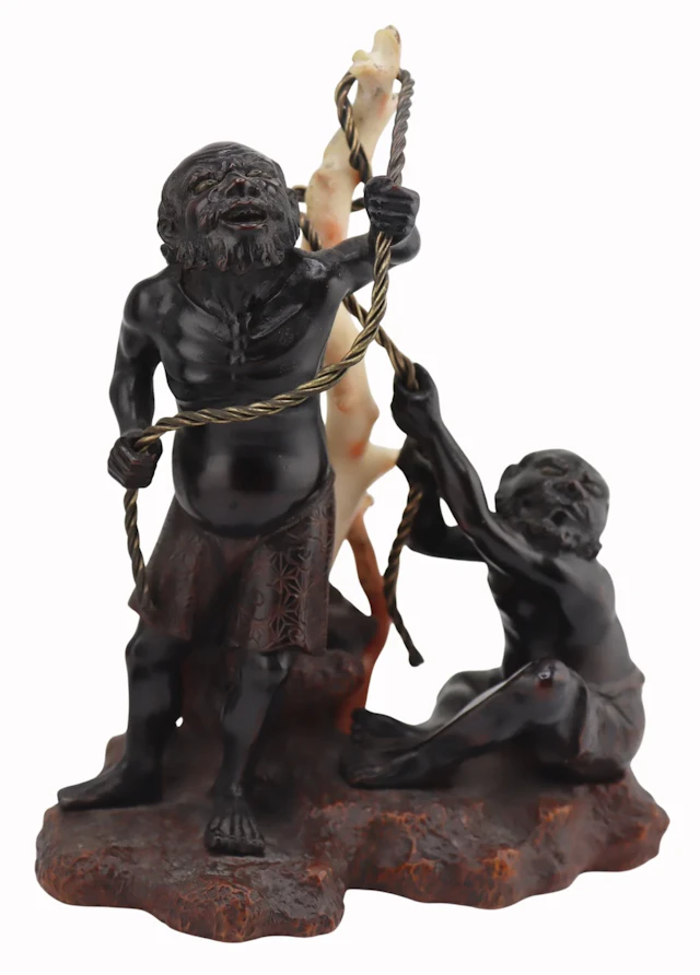 Signed Japanese Wood Carved Okimono with Coral.
